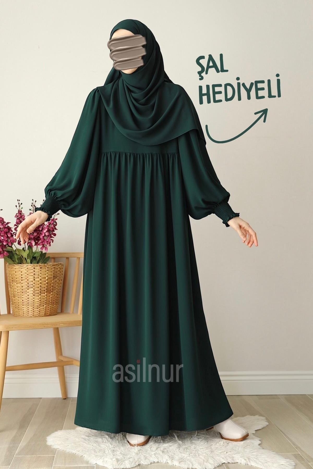 Hüsna Balon Kol Elbise Şal Hediyeli Takım Zümrüt Yeşili - 1