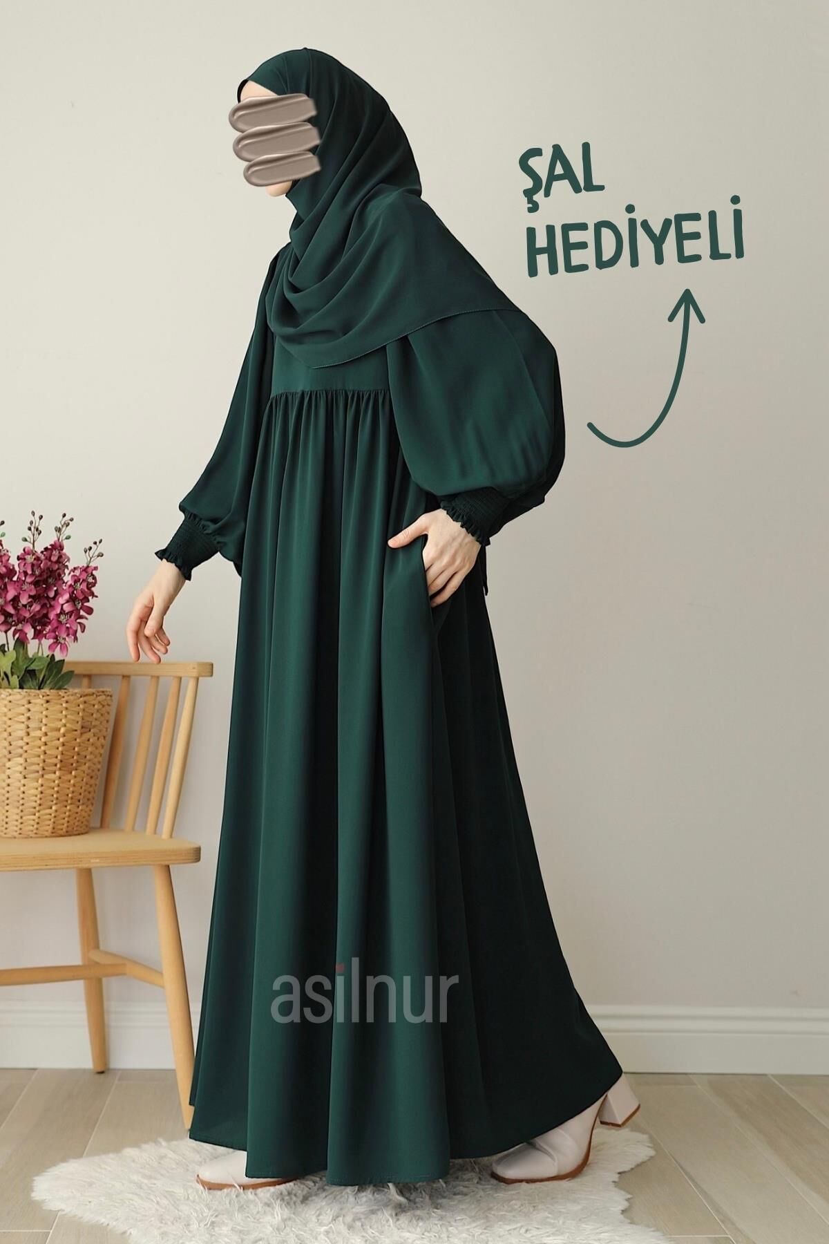 Hüsna Balon Kol Elbise Şal Hediyeli Takım Zümrüt Yeşili - 3