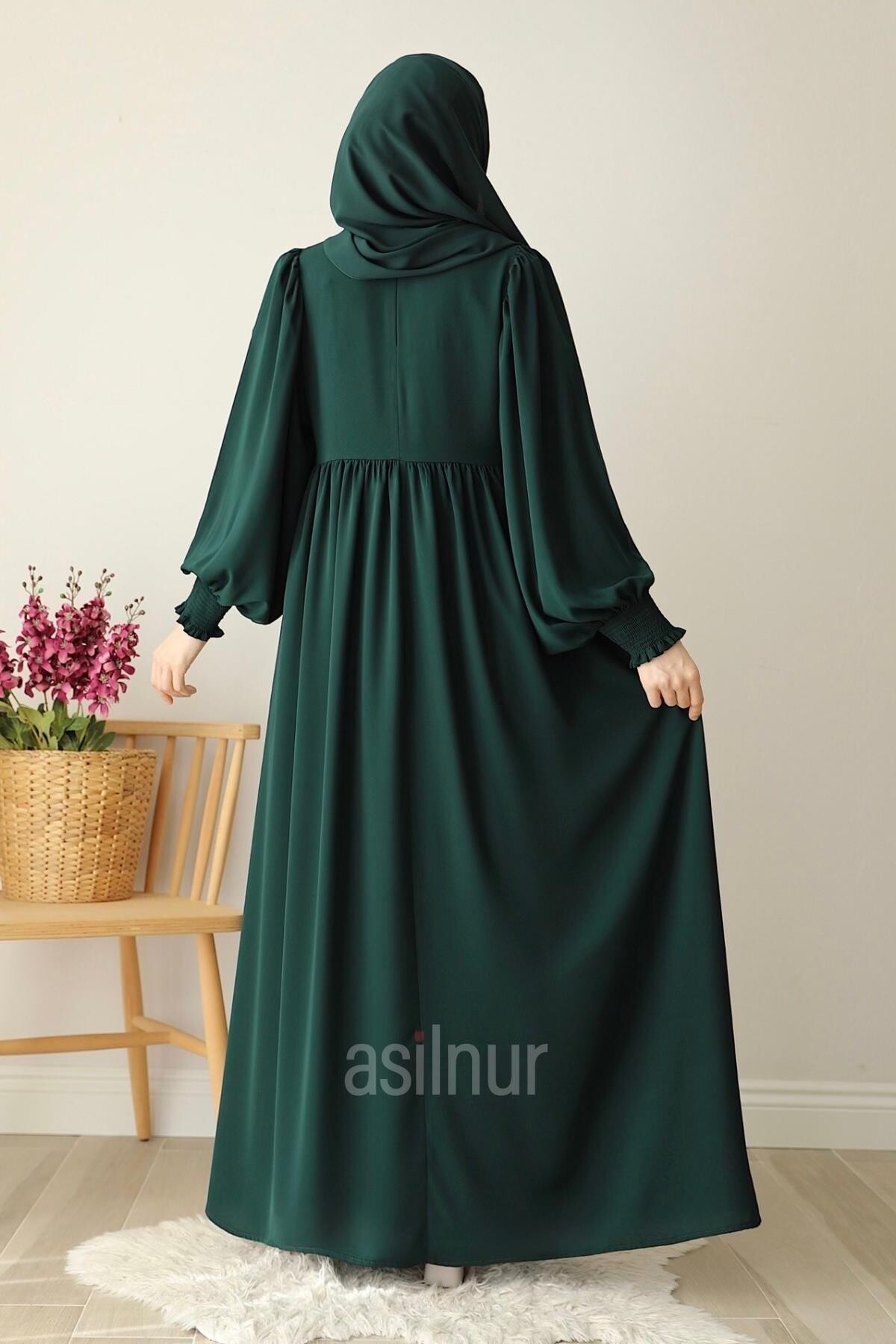 Hüsna Balon Kol Elbise Şal Hediyeli Takım Zümrüt Yeşili - 4