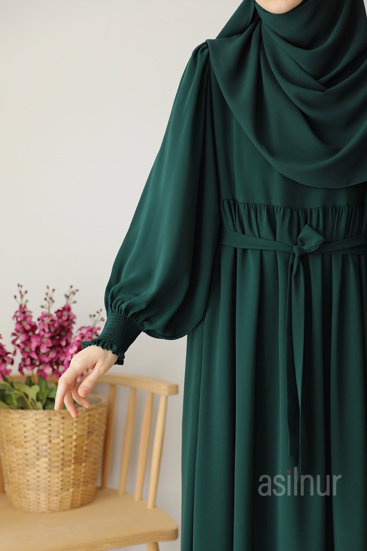 Hüsna Balon Kol Elbise Şal Hediyeli Takım Zümrüt Yeşili - 5
