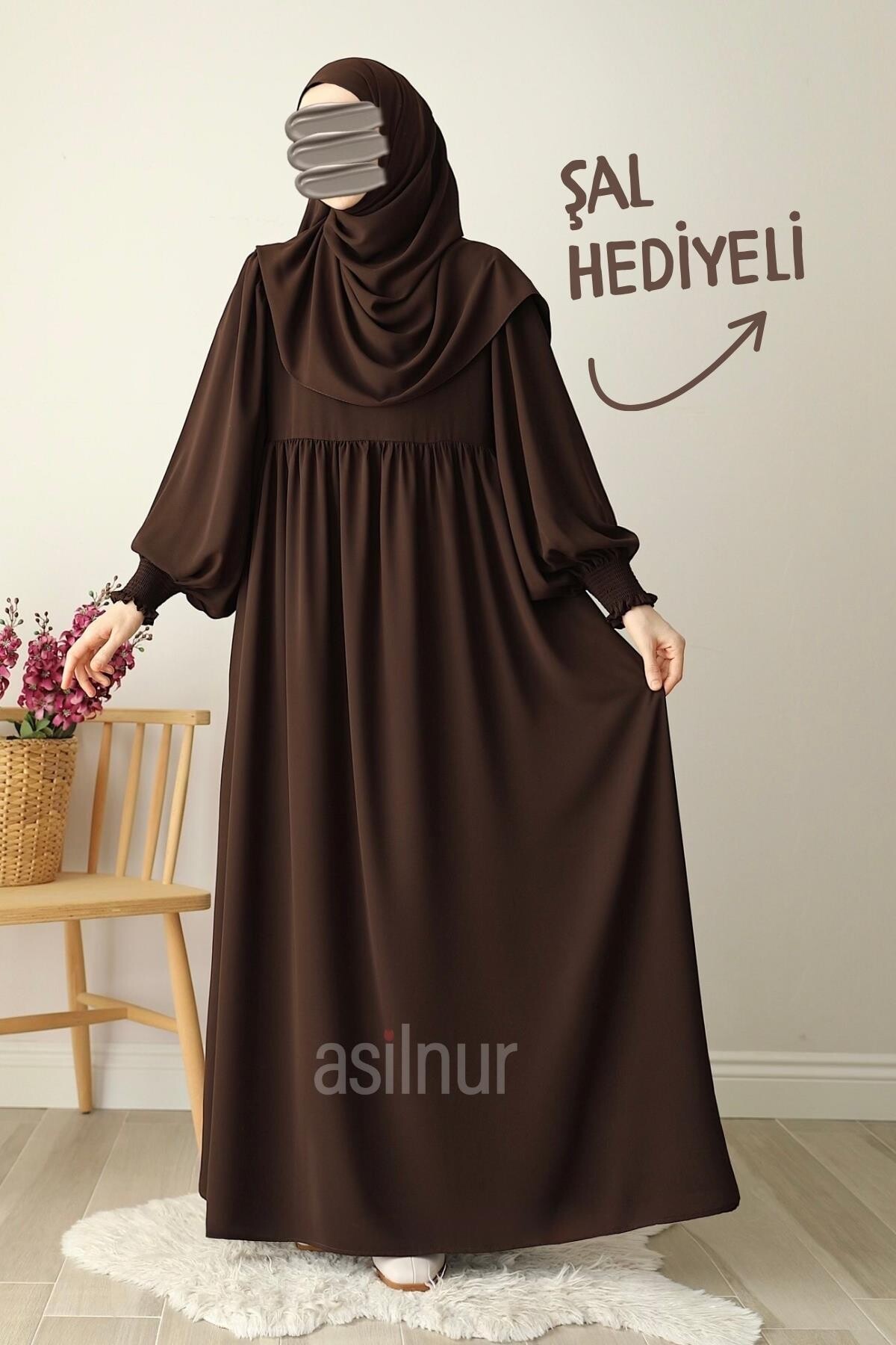 Hüsna Balon Kol Elbise Şal Hediyeli Takım Kahverengi - ASİLNUR
