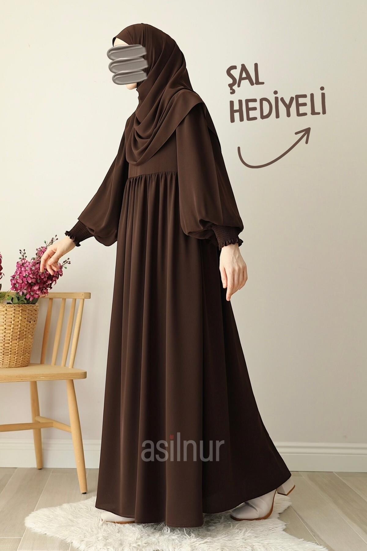 Hüsna Balon Kol Elbise Şal Hediyeli Takım Kahverengi - 3