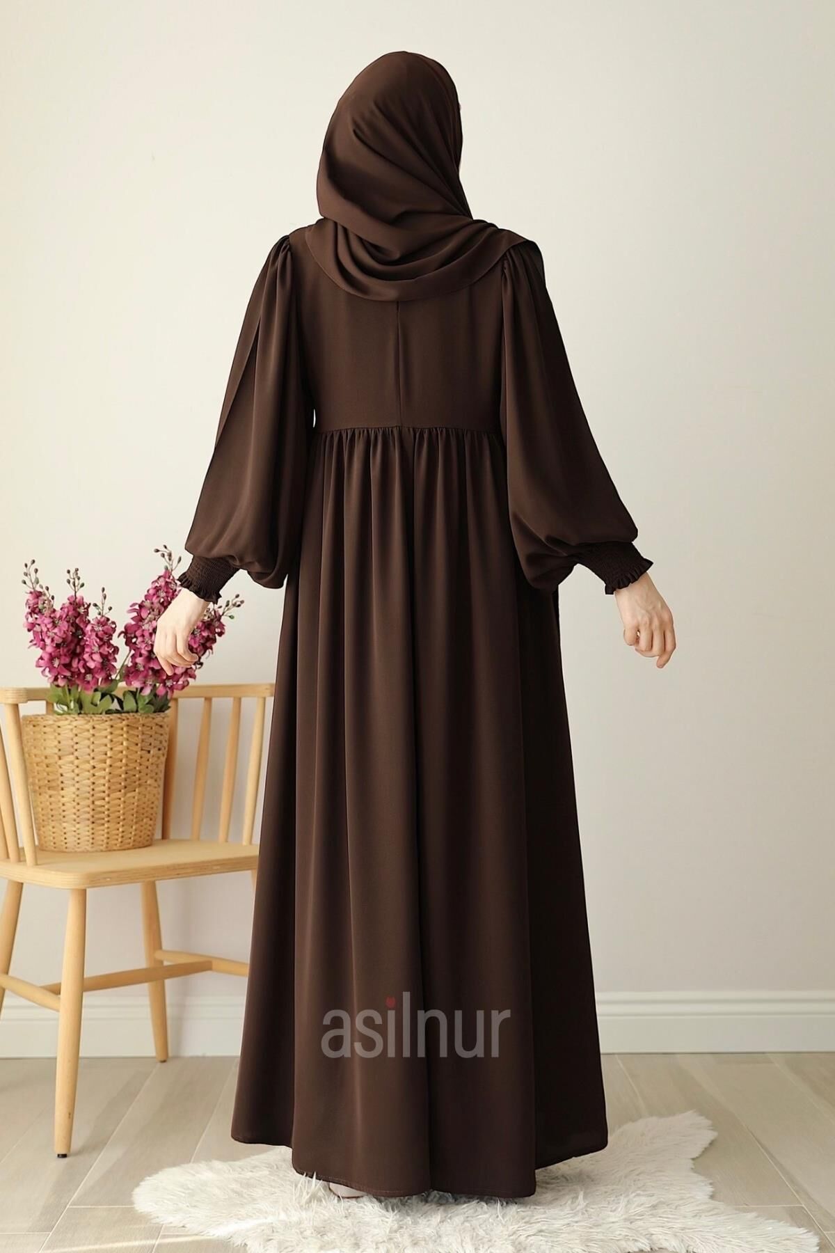 Hüsna Balon Kol Elbise Şal Hediyeli Takım Kahverengi - 4