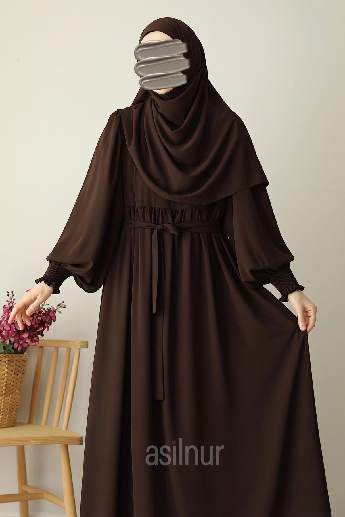 Hüsna Balon Kol Elbise Şal Hediyeli Takım Kahverengi - 5