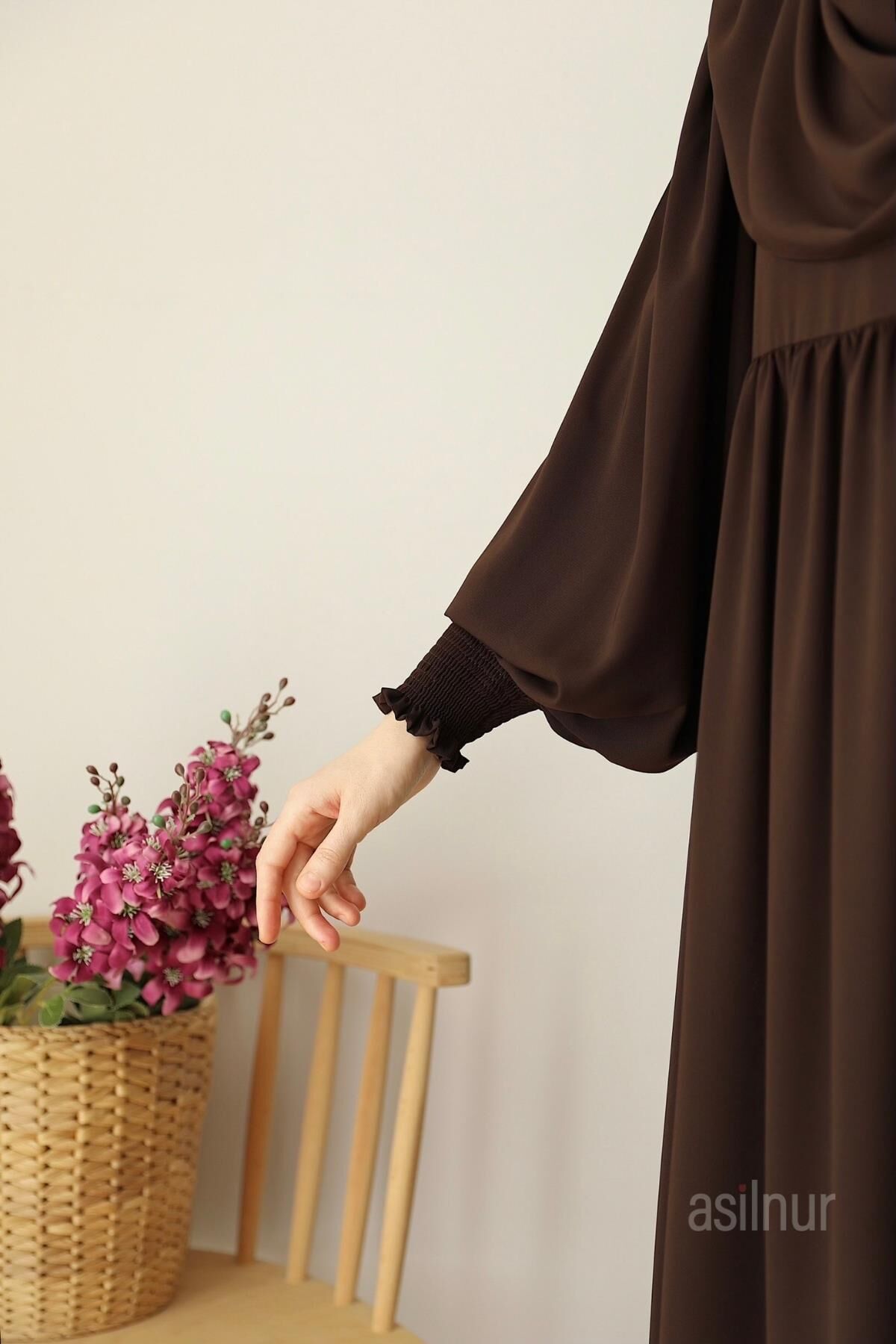 Hüsna Balon Kol Elbise Şal Hediyeli Takım Kahverengi - 6