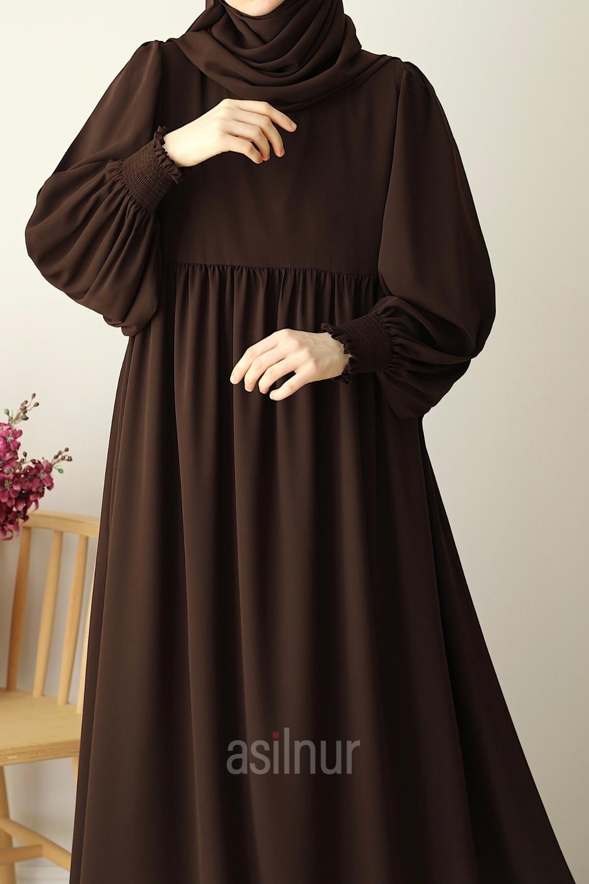 Hüsna Balon Kol Elbise Şal Hediyeli Takım Kahverengi - 7