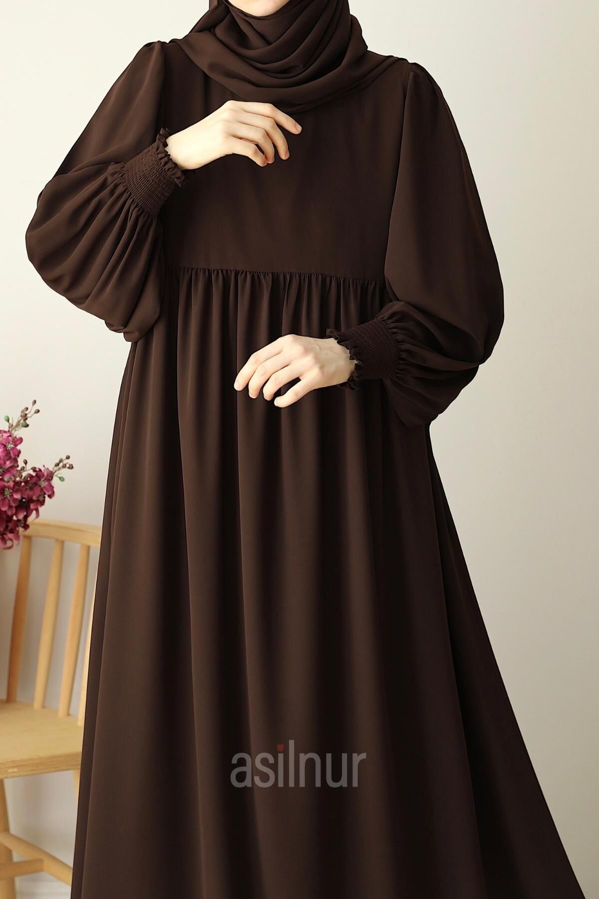 Hüsna Balon Kol Elbise Şal Hediyeli Takım Kahverengi - 7