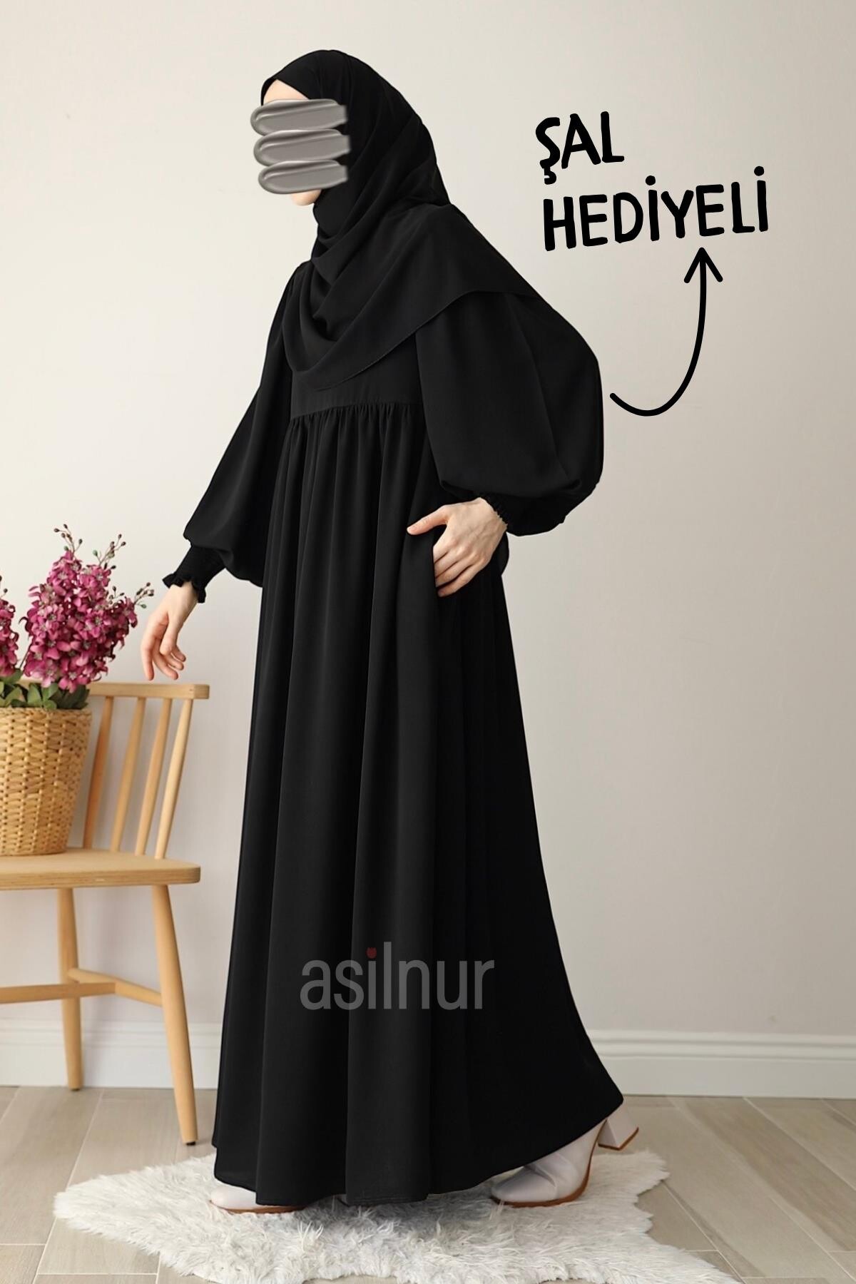 Hüsna Balon Kol Elbise Şal Hediyeli Takım Siyah - 3