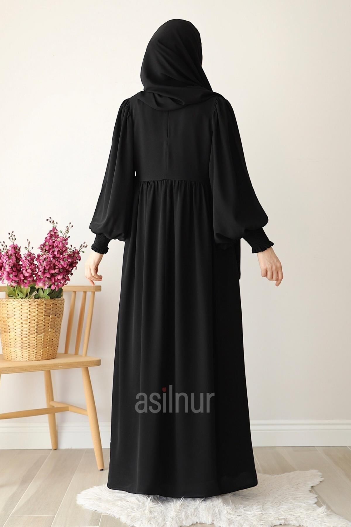 Hüsna Balon Kol Elbise Şal Hediyeli Takım Siyah - 4