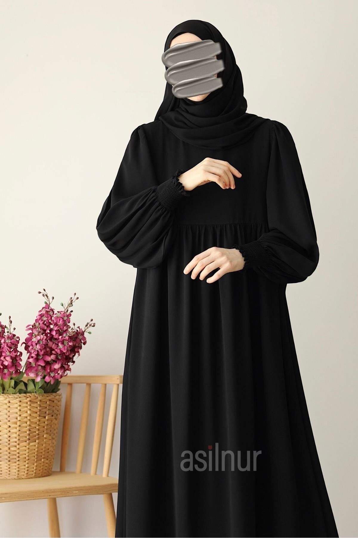 Hüsna Balon Kol Elbise Şal Hediyeli Takım Siyah - 5