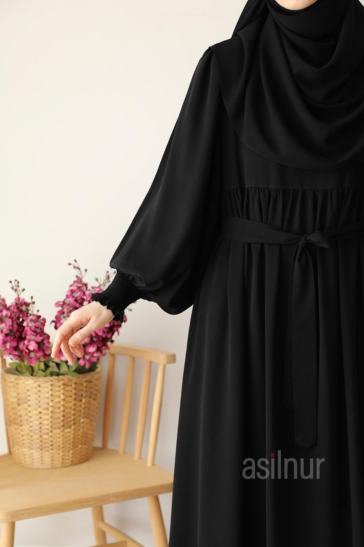 Hüsna Balon Kol Elbise Şal Hediyeli Takım Siyah - 6