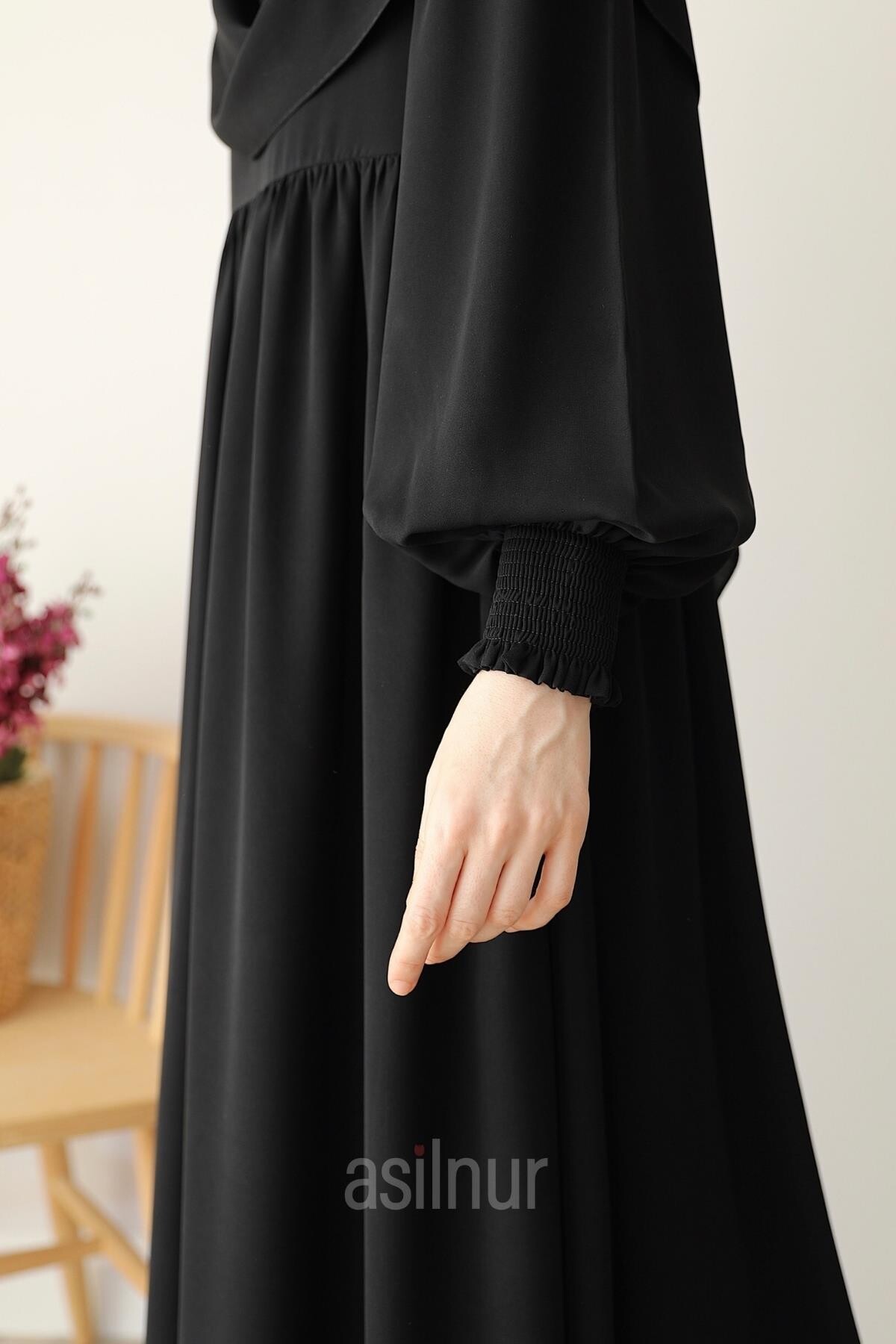 Hüsna Balon Kol Elbise Şal Hediyeli Takım Siyah - 7