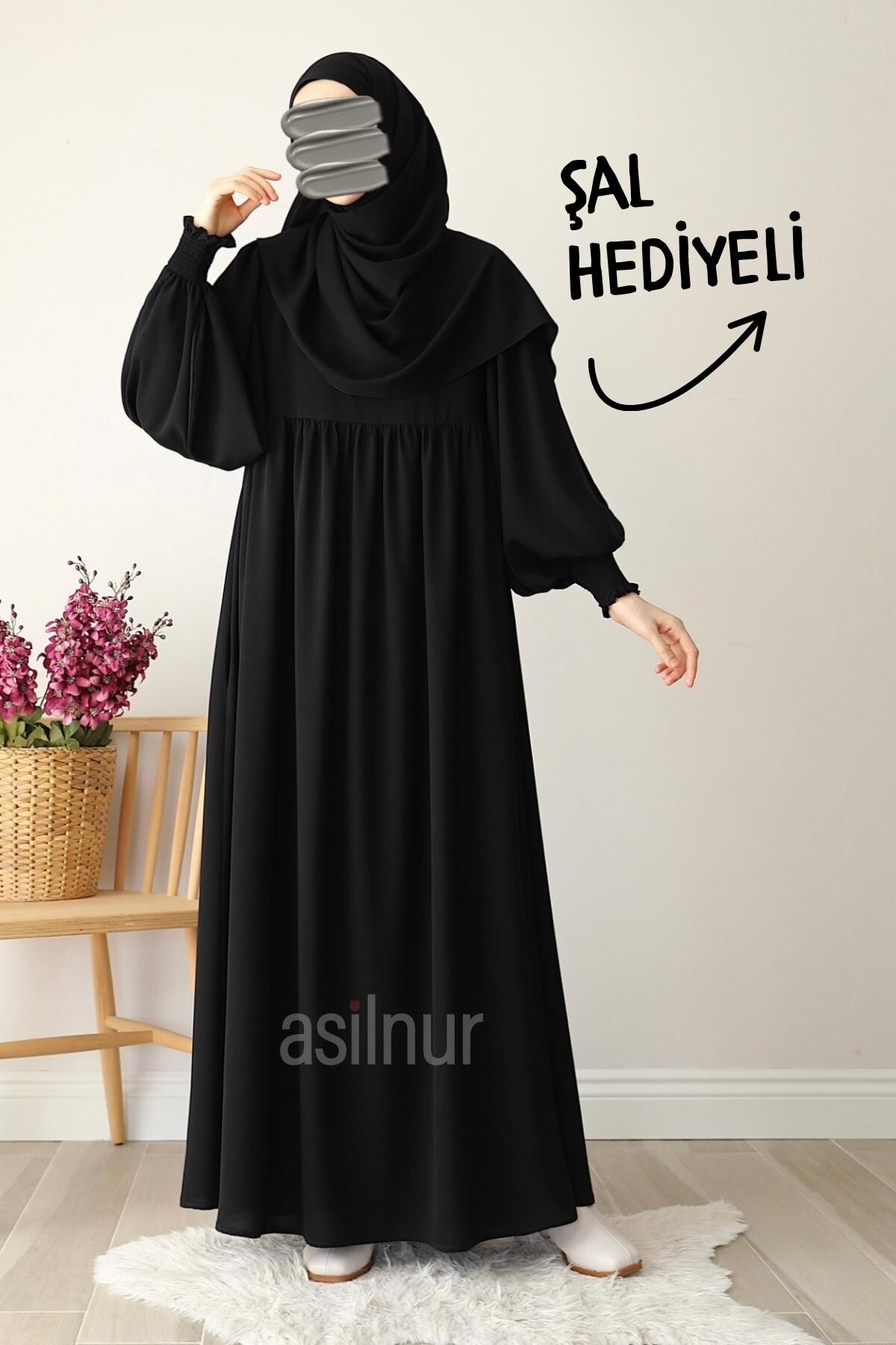 Hüsna Balon Kol Elbise Şal Hediyeli Takım Siyah 