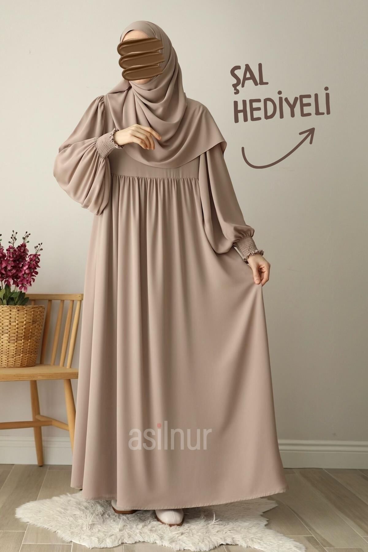 Hüsna Balon Kol Elbise Şal Hediyeli Takım Taş - 1