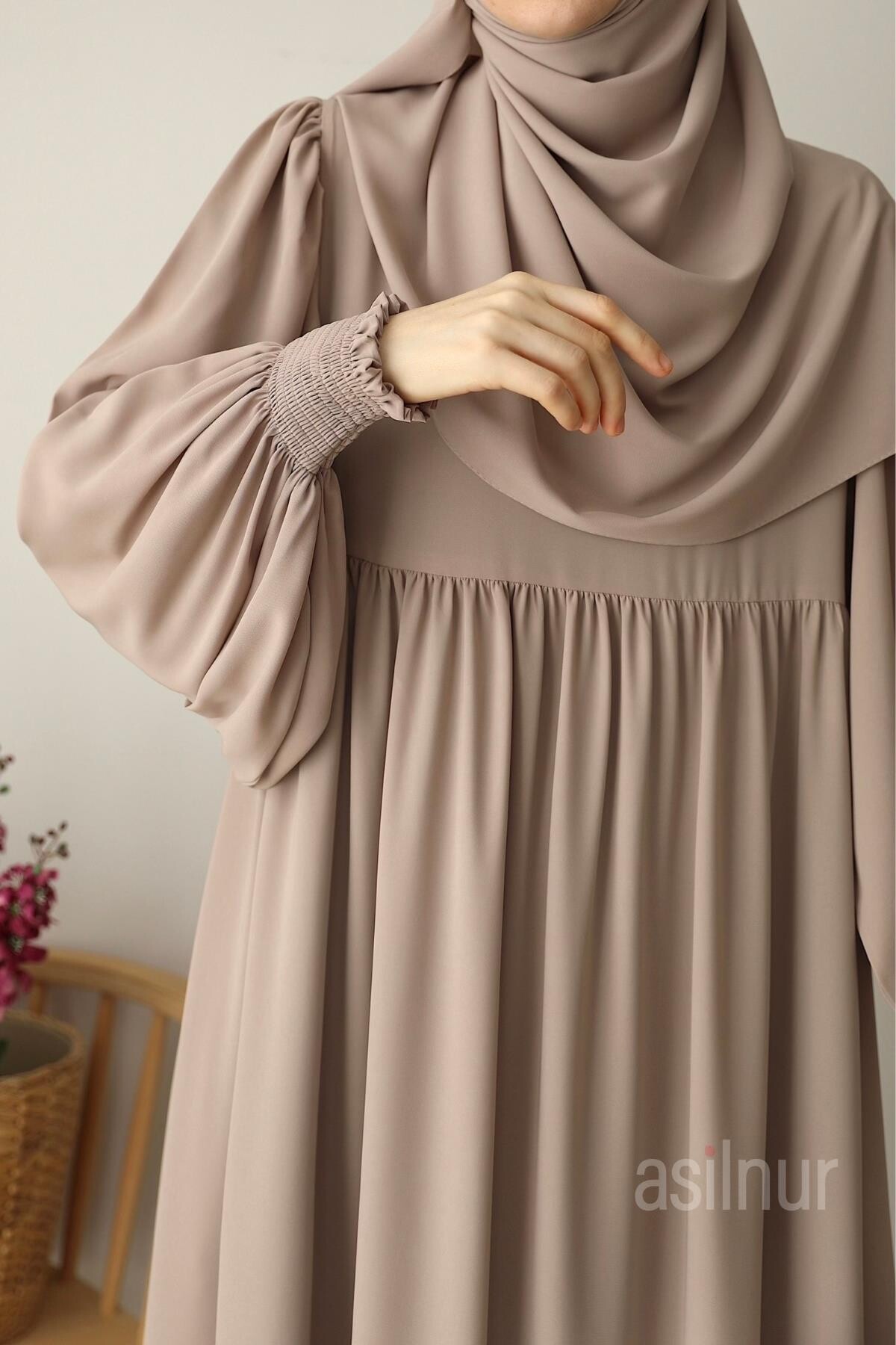 Hüsna Balon Kol Elbise Şal Hediyeli Takım Taş - 7