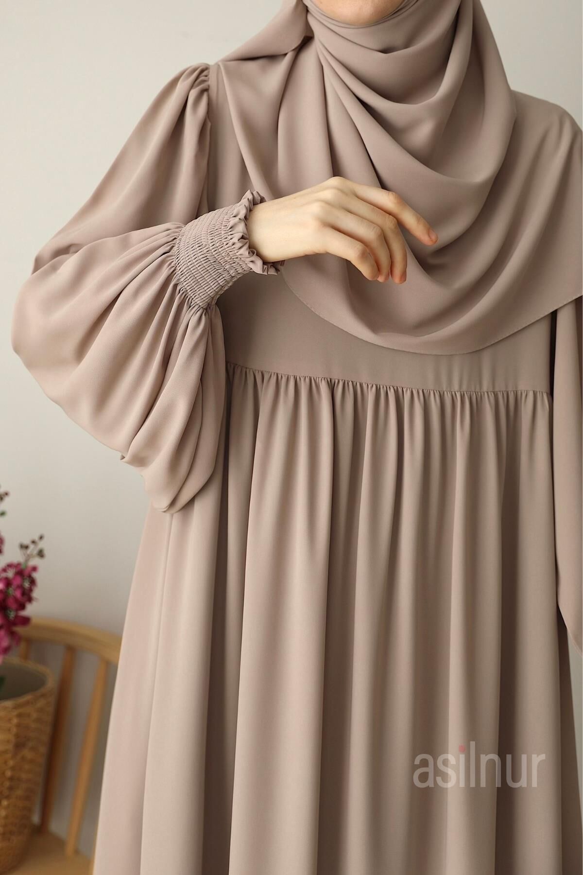 Hüsna Balon Kol Elbise Şal Hediyeli Takım Taş - 7