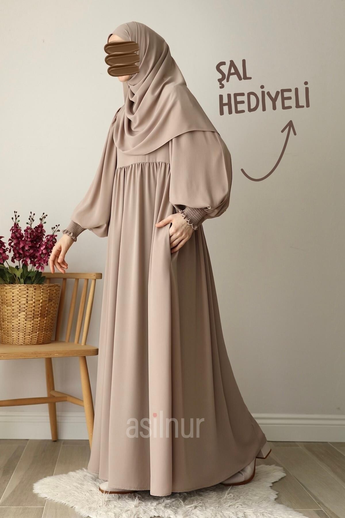 Hüsna Balon Kol Elbise Şal Hediyeli Takım Taş - 9