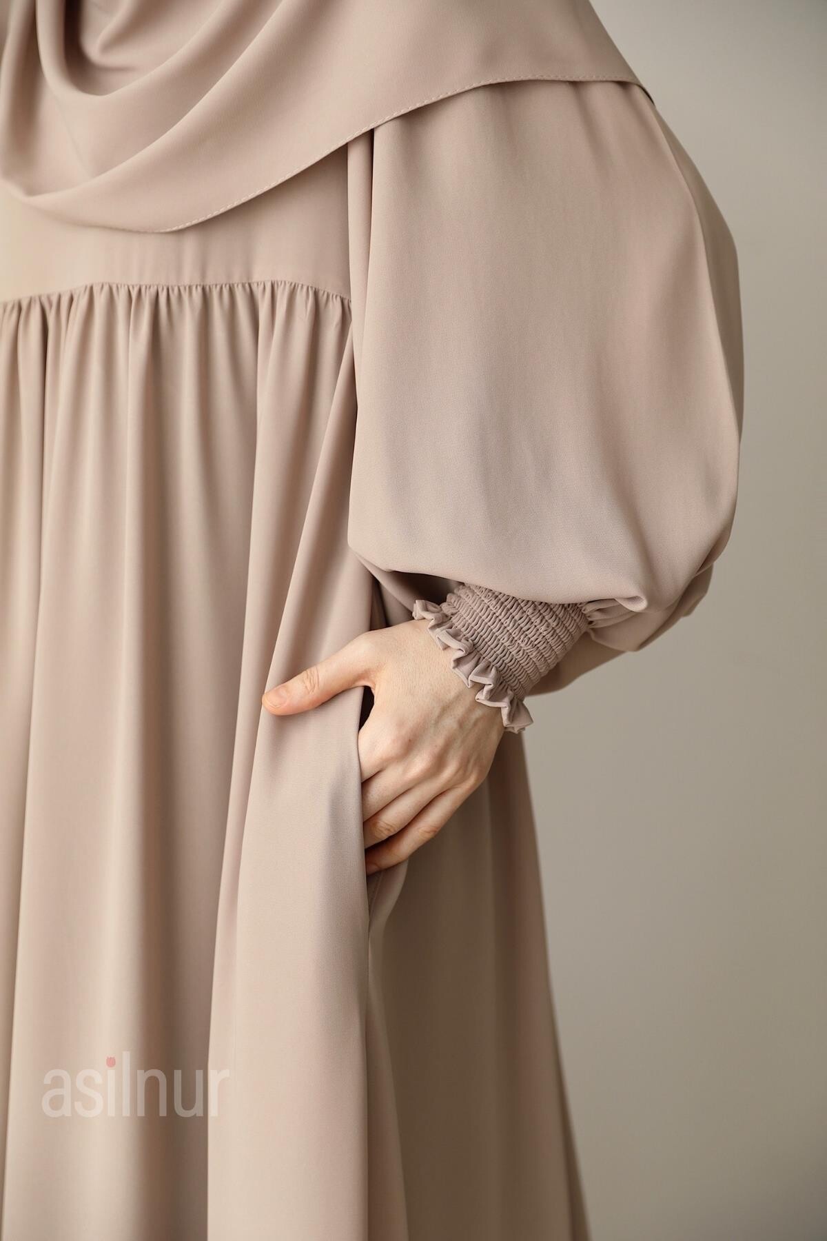 Hüsna Balon Kol Elbise Şal Hediyeli Takım Taş - 11