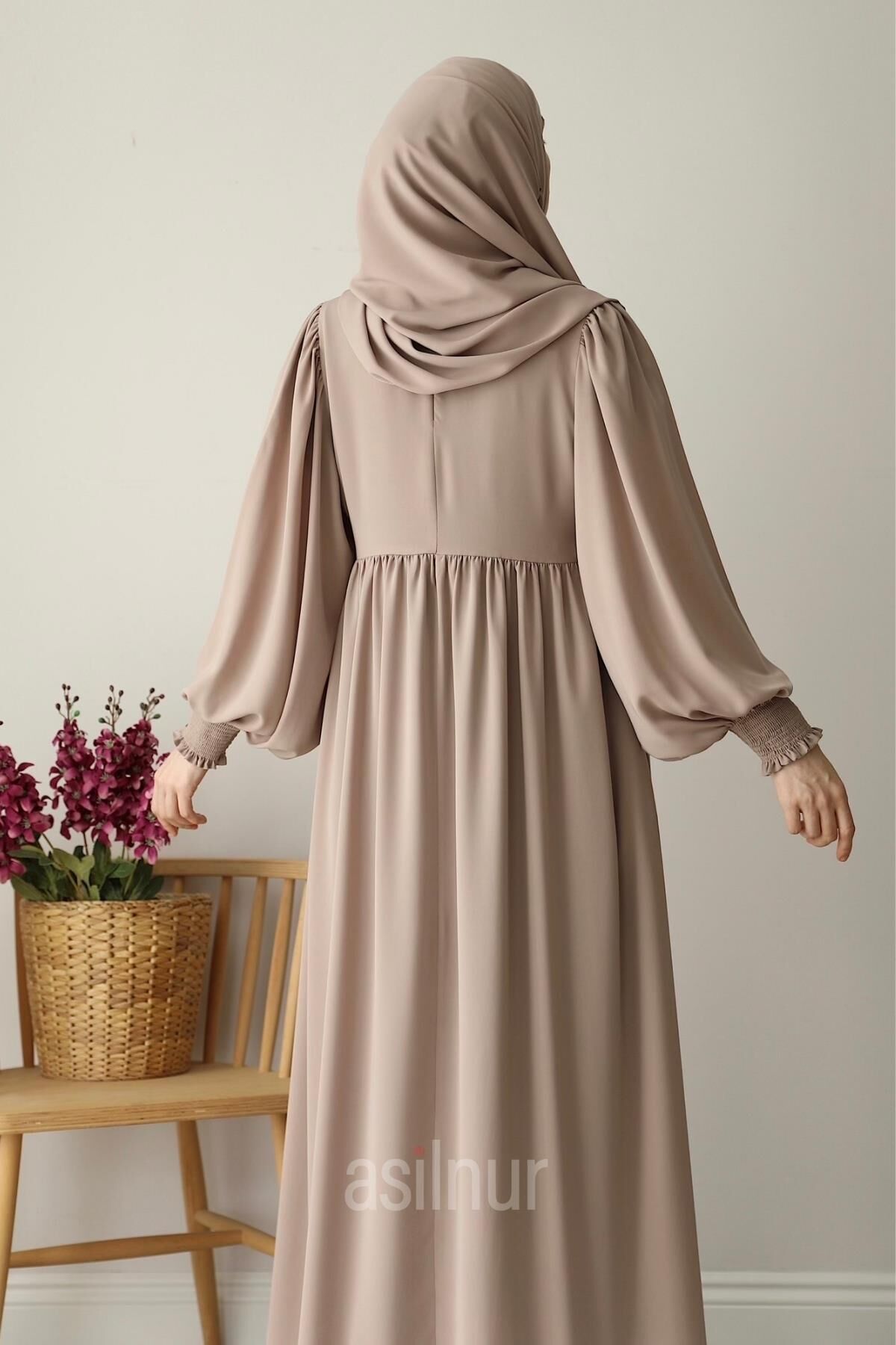 Hüsna Balon Kol Elbise Şal Hediyeli Takım Taş - 4