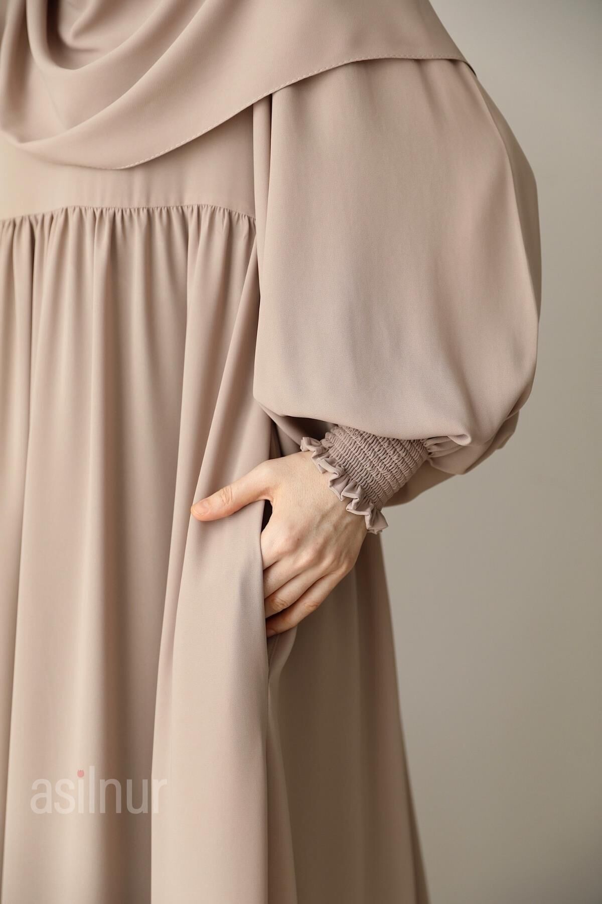 Hüsna Balon Kol Elbise Şal Hediyeli Takım Taş - 11