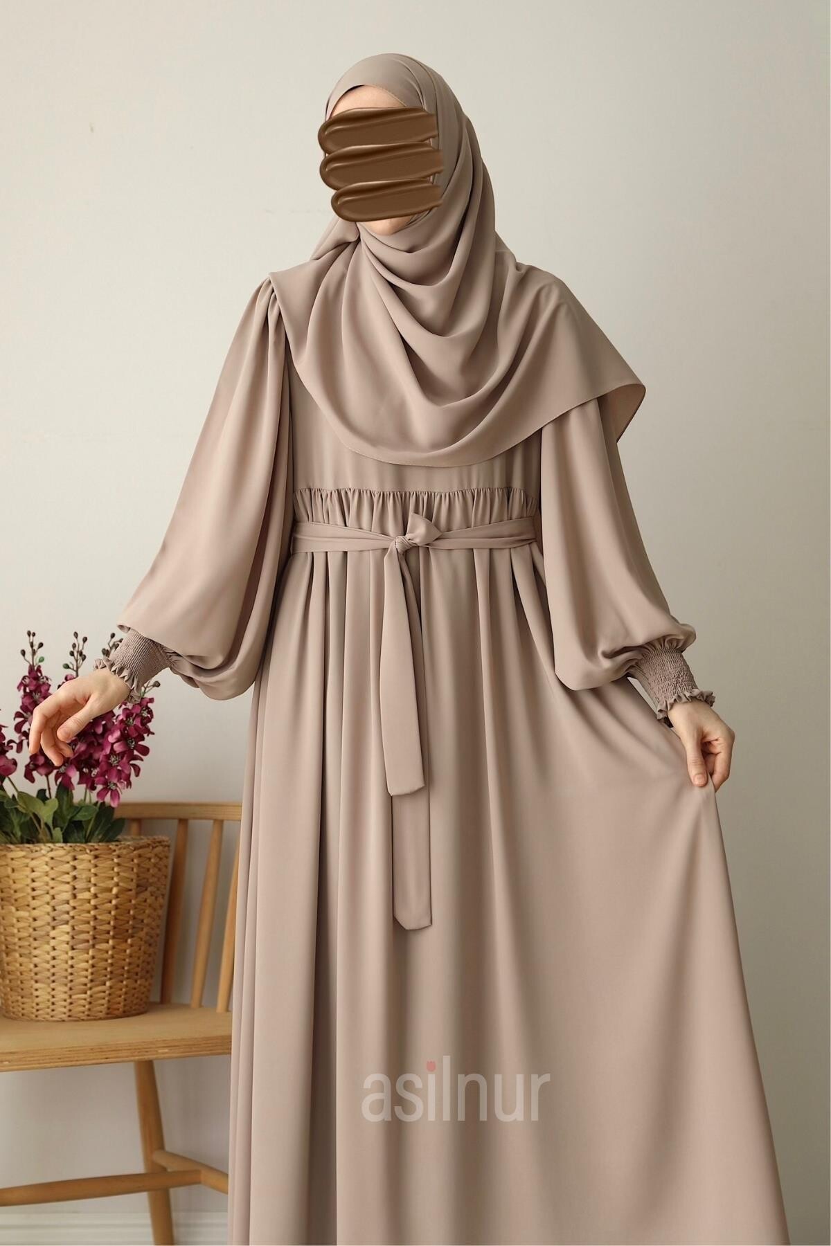 Hüsna Balon Kol Elbise Şal Hediyeli Takım Taş - 12