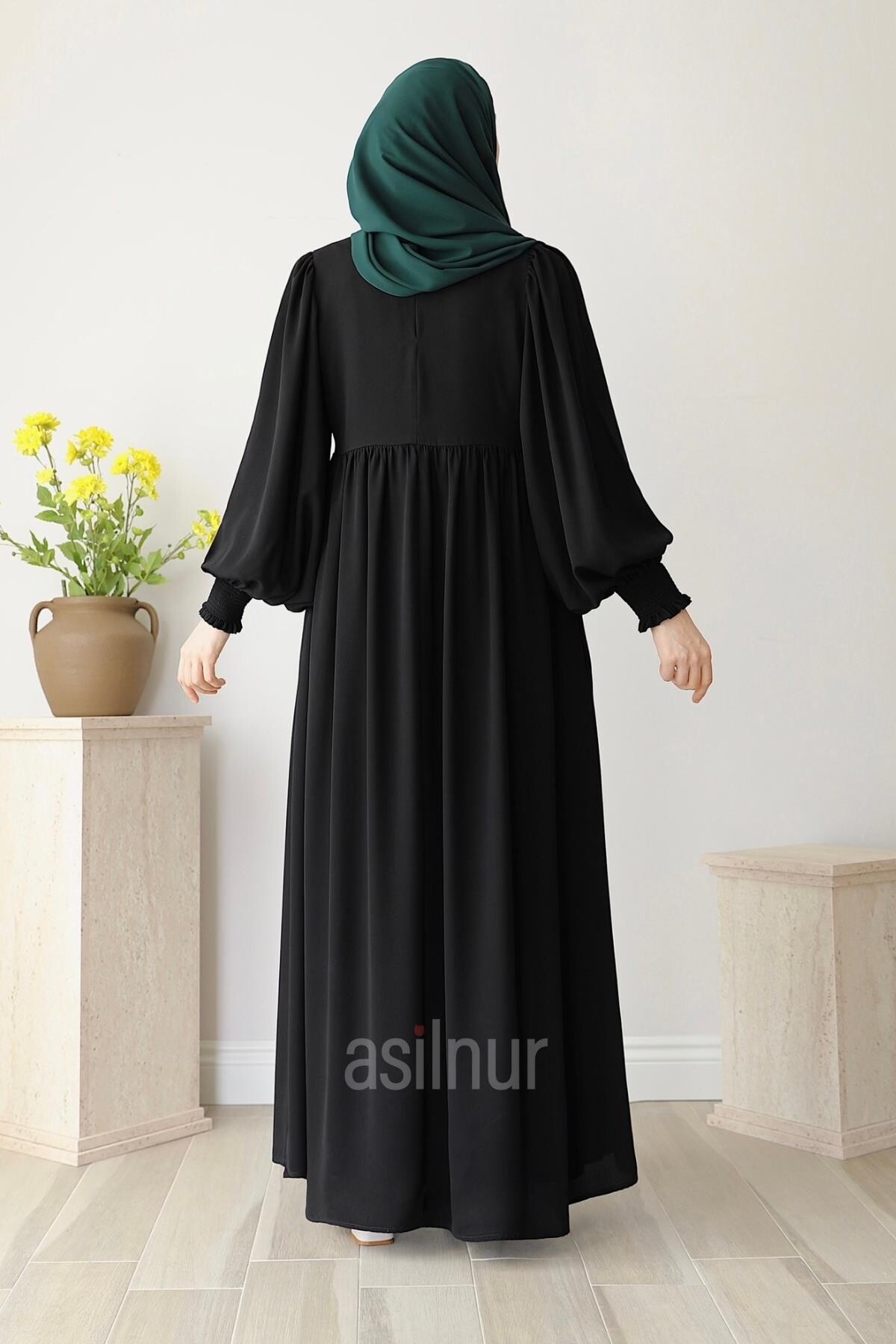 Rana Balon Kol Elbise Siyah - 4