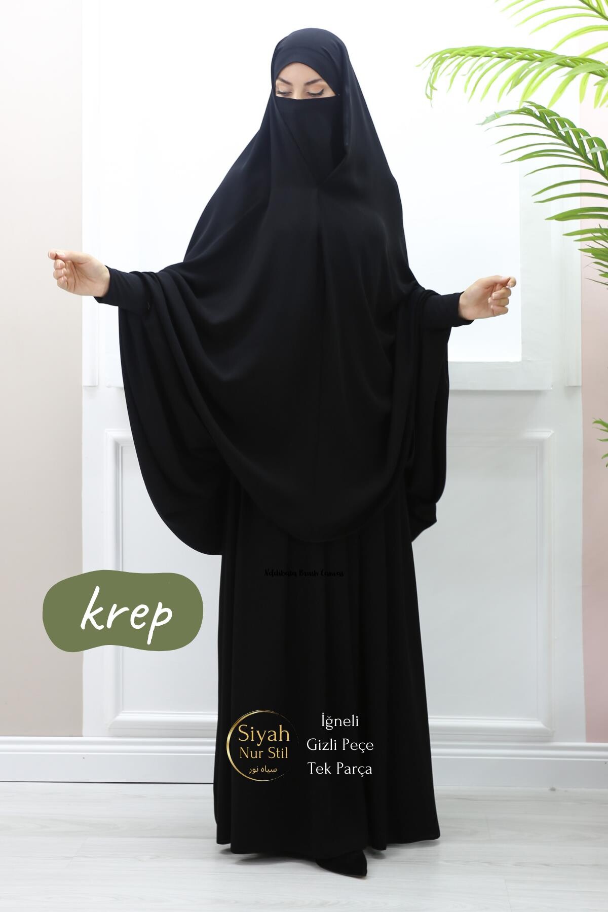 İğneli Gizli Peçeli Tek Parça Krep Çarşaf - ASİLNUR