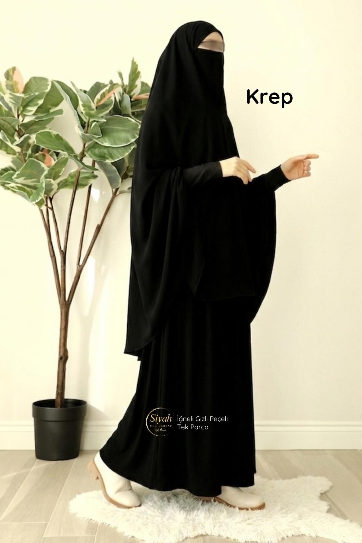 İğneli Gizli Peçeli Tek Parça Krep Çarşaf - 1