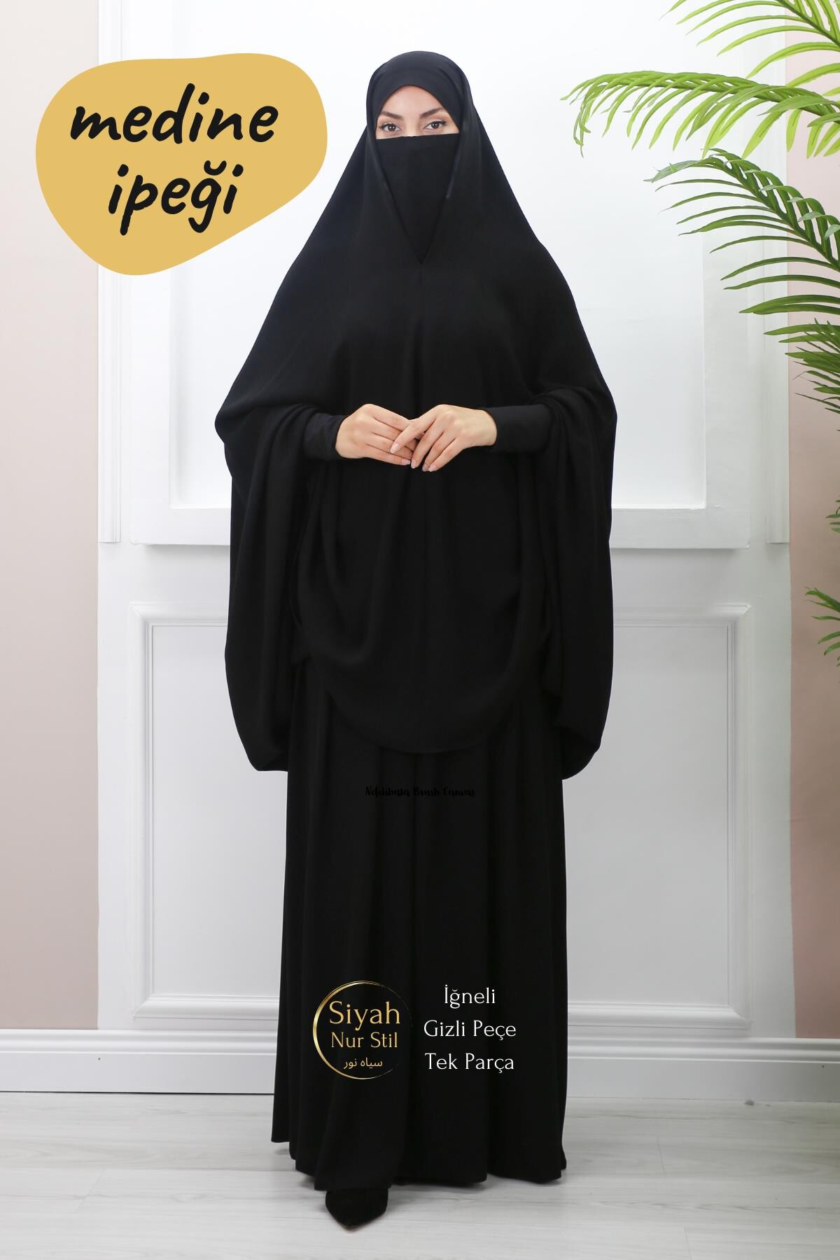 İğneli Gizli Peçeli Tek Parça Medine İpeği Çarşaf - SİYAH NUR