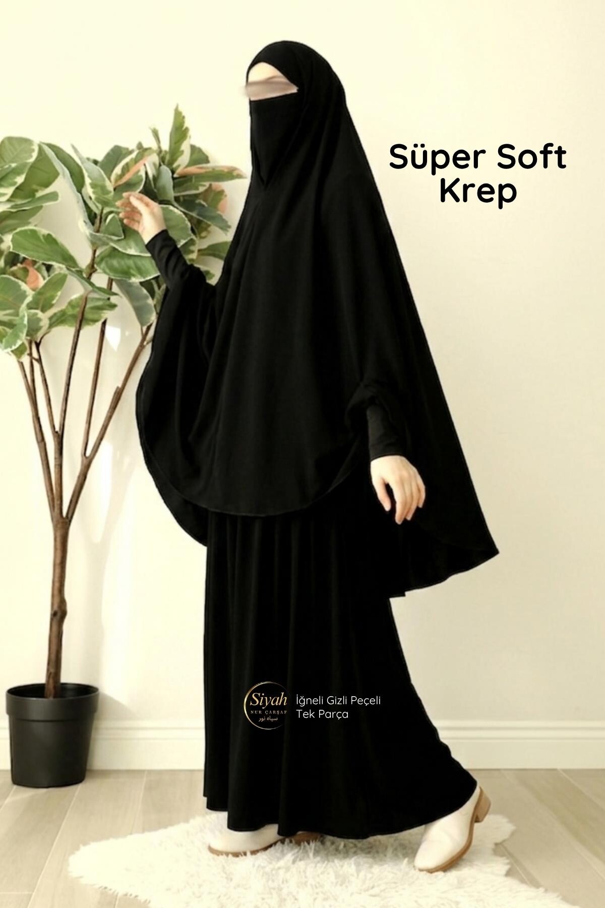 İğneli Gizli Peçeli Tek Parça Süper Soft Krep Çarşaf - SİYAH NUR