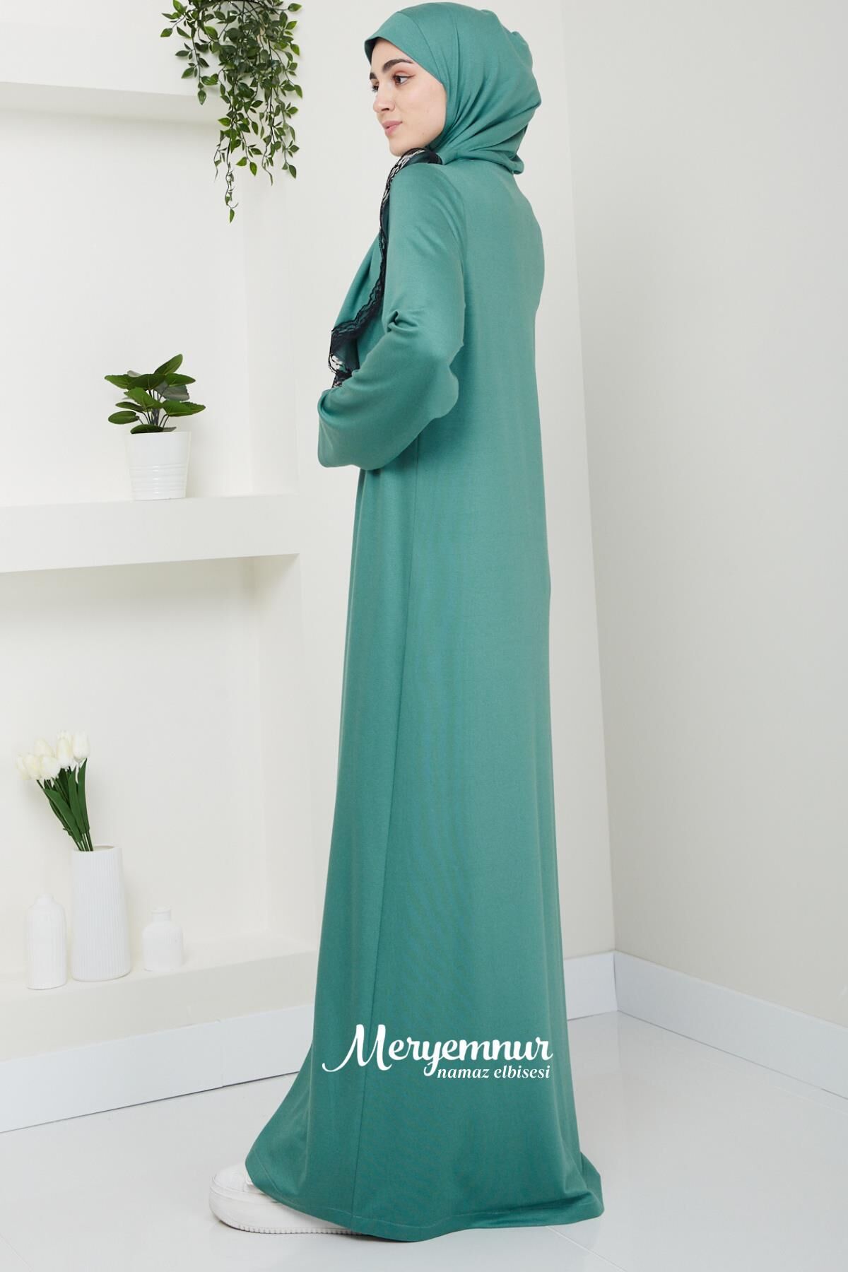 Kendinden Başörtülü Fermuarlı Namaz Elbisesi İki İplik Mint Yeşil - 3