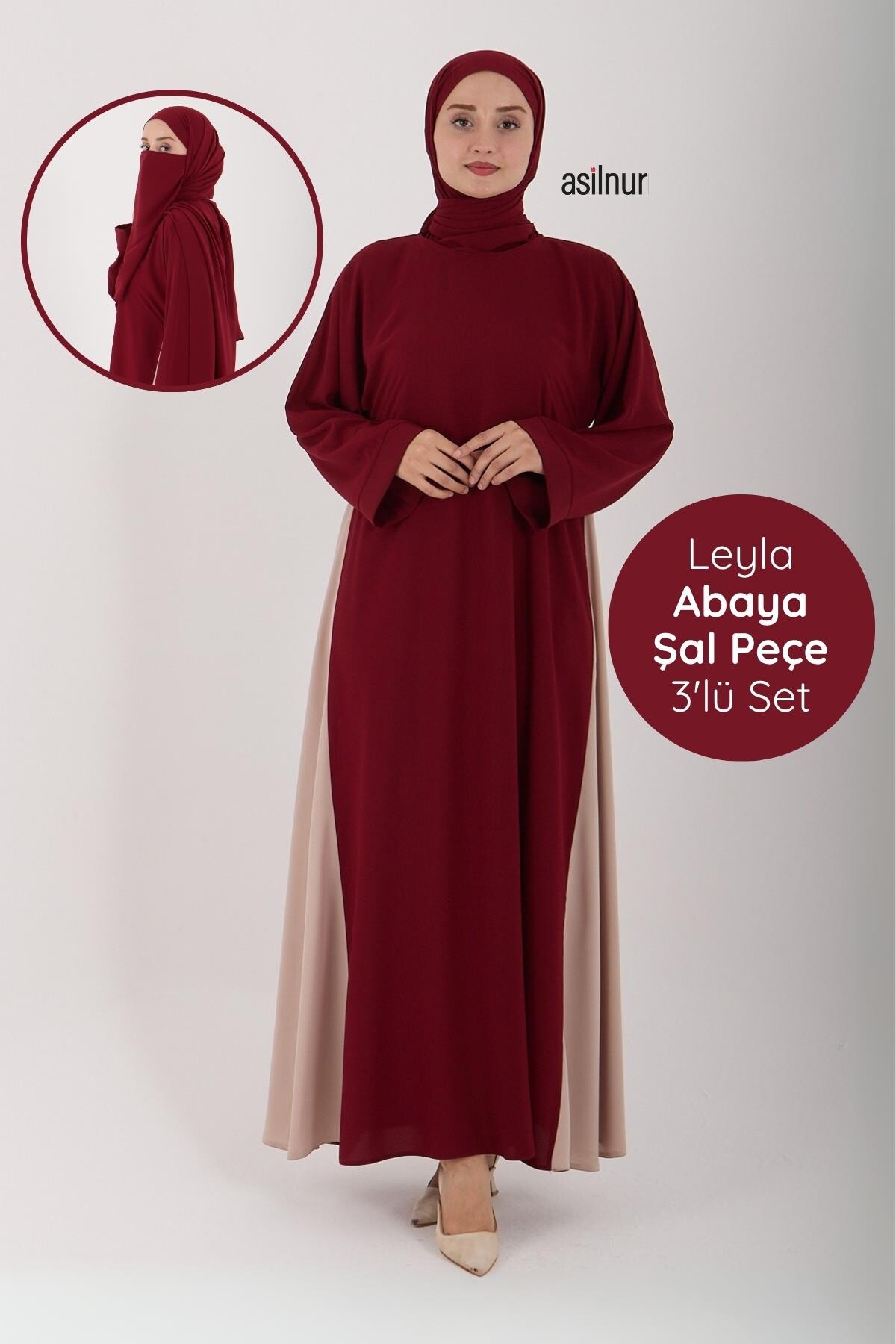 Leyla Abaya Şal Peçe 3'lü Set Bordo - ASİLNUR