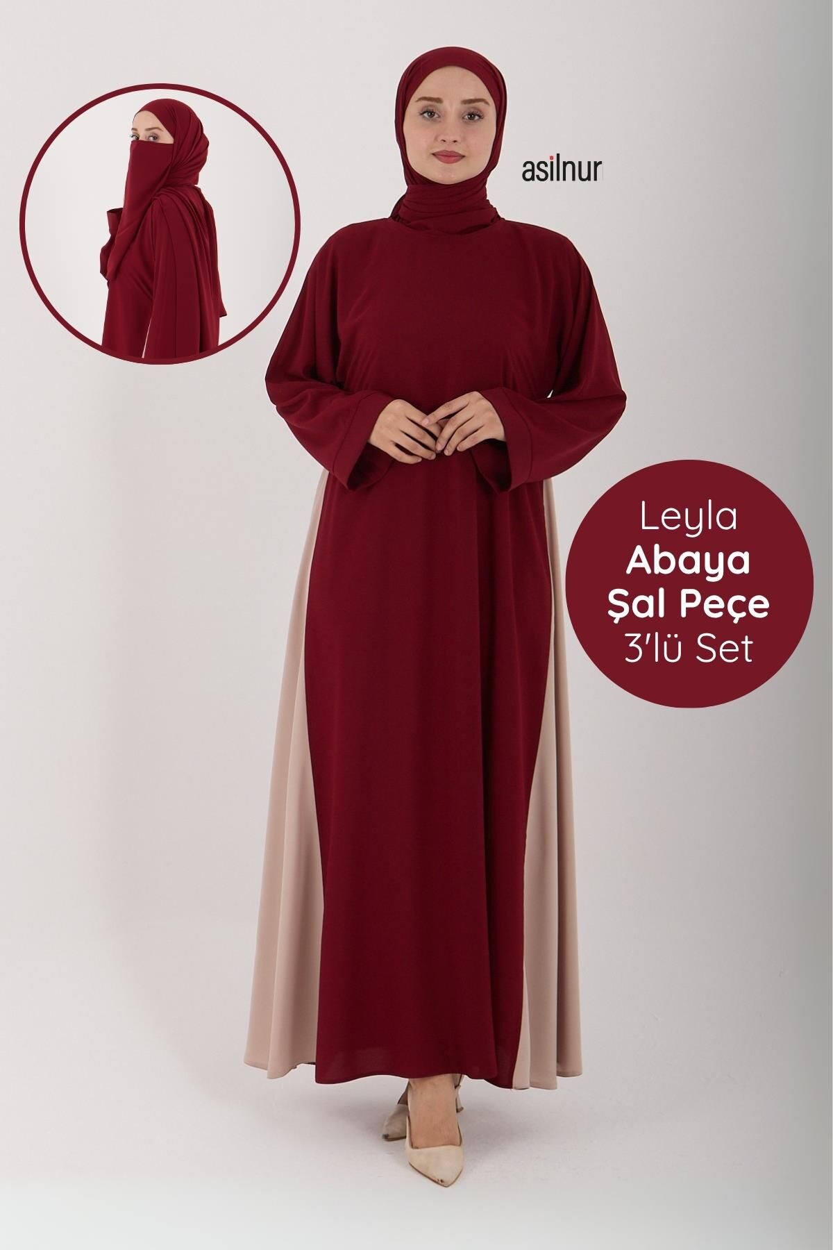 Leyla Abaya Şal Peçe 3'lü Set Bordo - 1