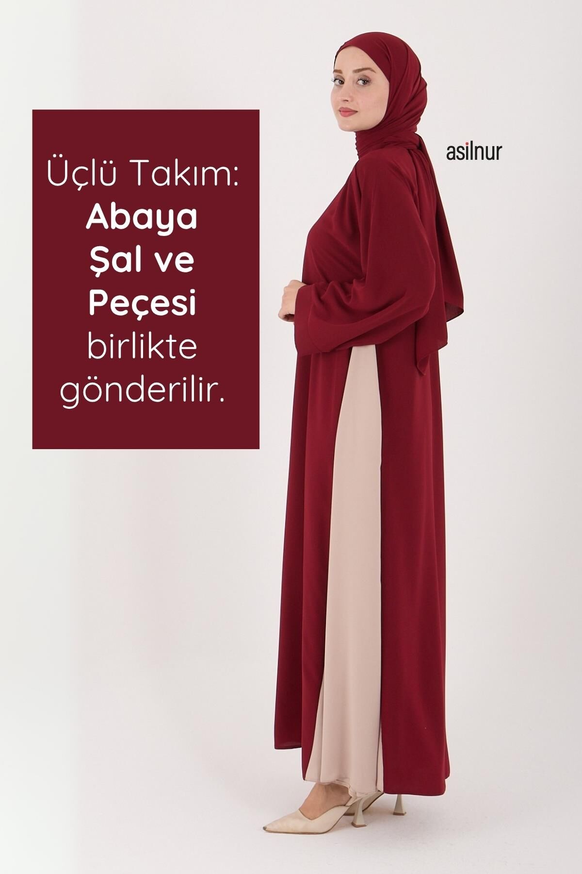 Leyla Abaya Şal Peçe 3'lü Set Bordo - 3