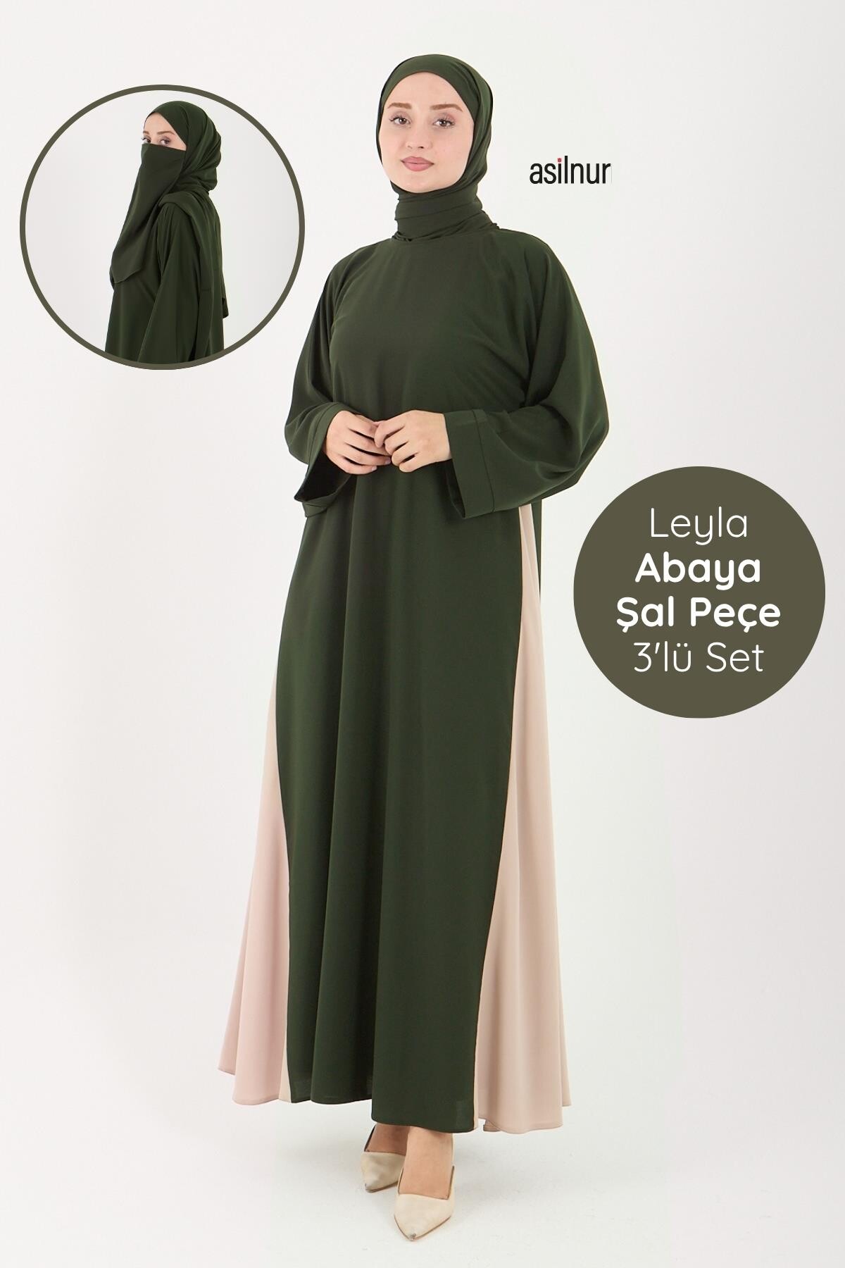 Leyla Abaya Şal Peçe 3'lü Set Haki - ASİLNUR