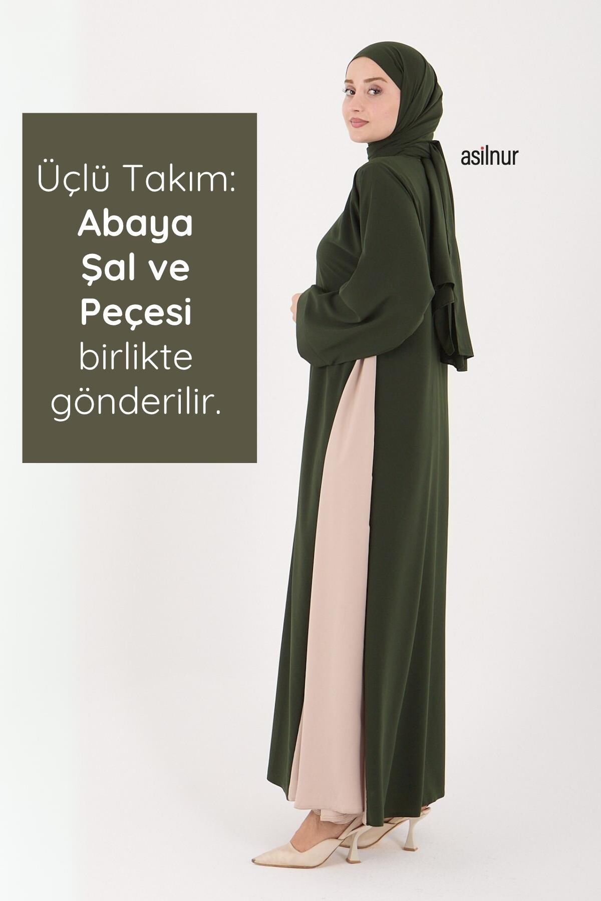 Leyla Abaya Şal Peçe 3'lü Set Haki - 3