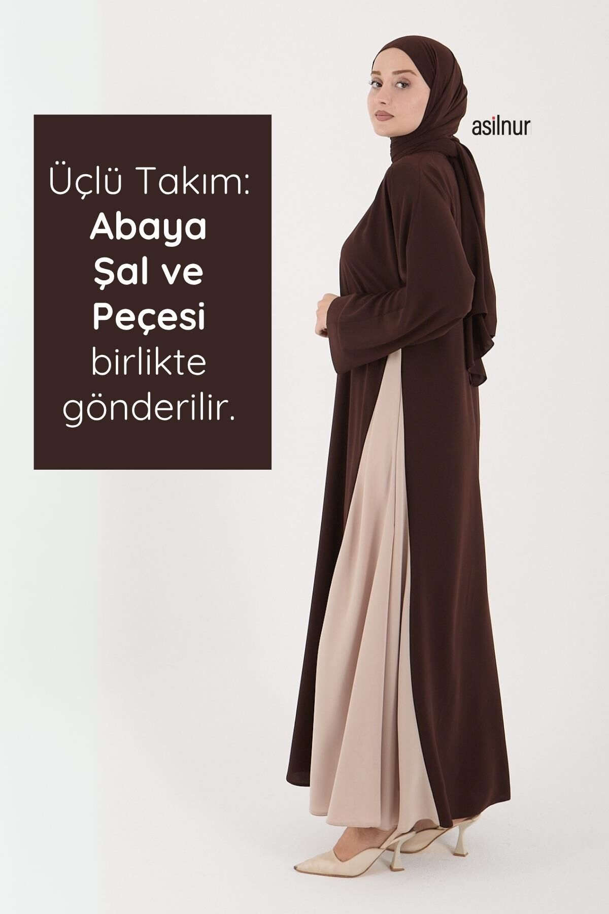Leyla Abaya Şal Peçe 3'lü Set Kahverengi - 3