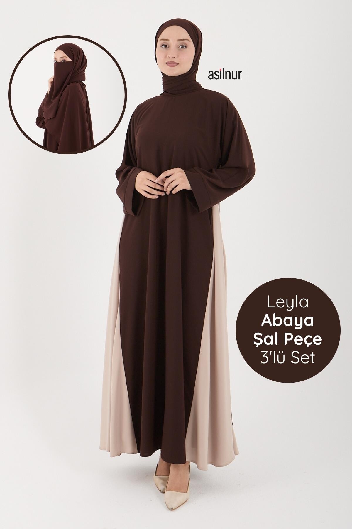Leyla Abaya Şal Peçe 3'lü Set Kahverengi - ASİLNUR