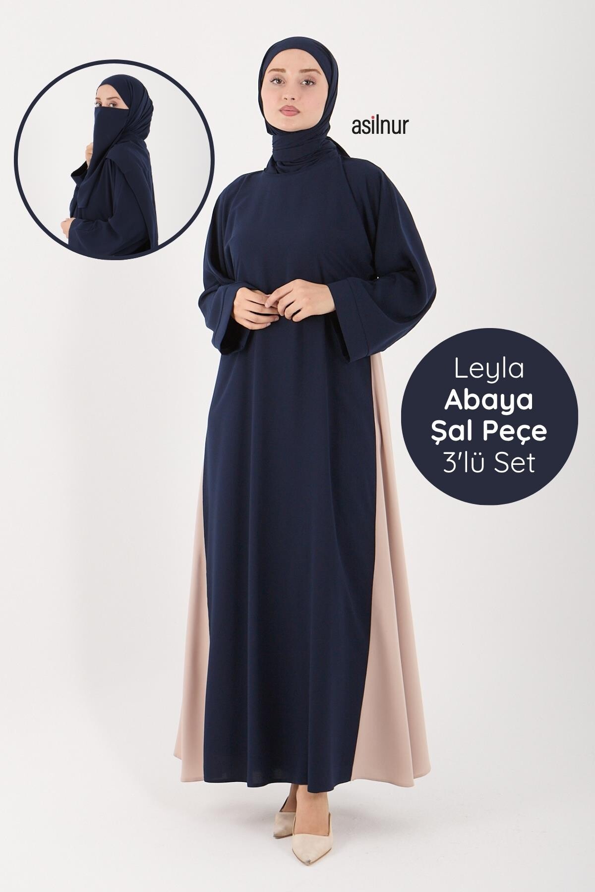 Leyla Abaya Şal Peçe 3'lü Set Lacivert - ASİLNUR