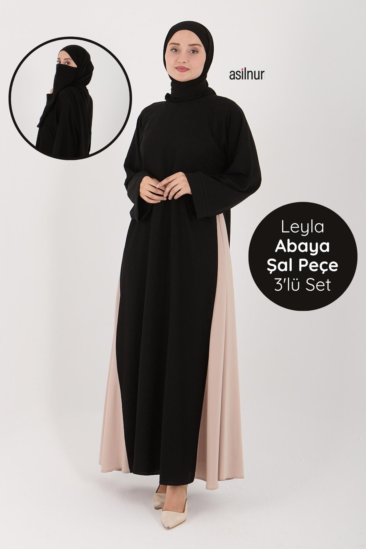 Leyla Abaya Şal Peçe 3'lü Set Siyah - ASİLNUR