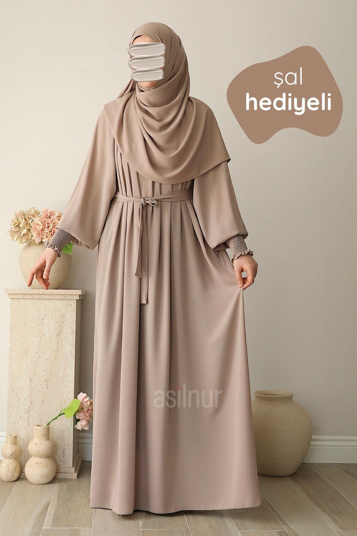 Mahi Elbise Şal Hediyeli Takım Bej - ASİLNUR