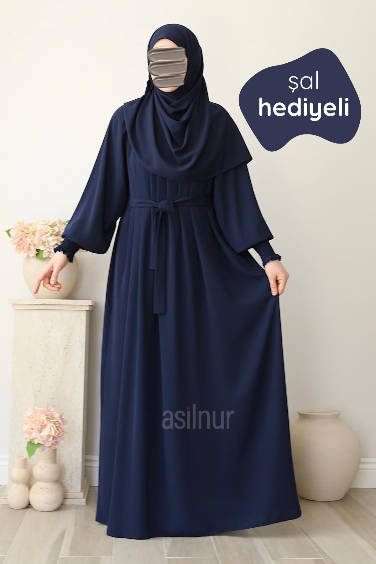 Mahi Elbise Şal Hediyeli Takım Lacivert - 1