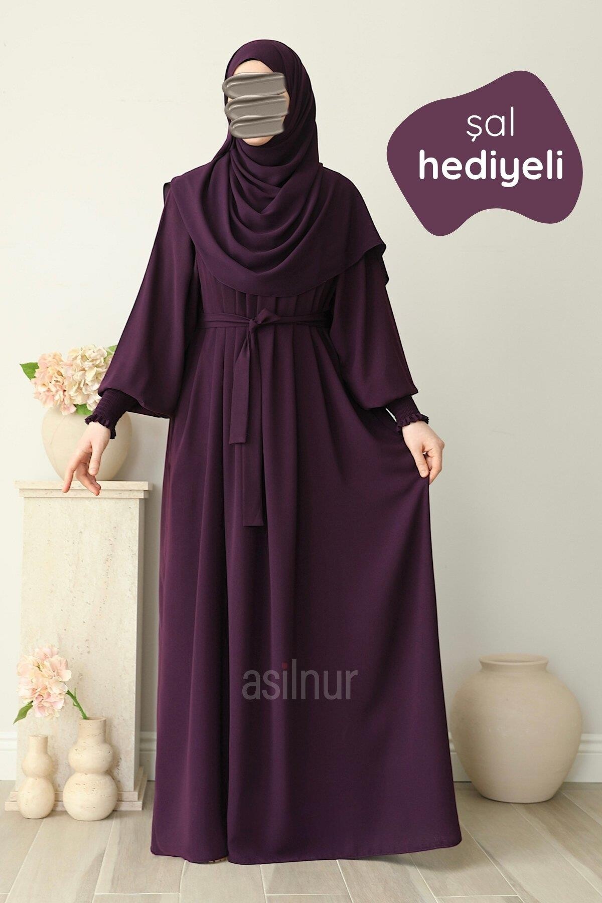 Mahi Elbise Şal Hediyeli Takım Mürdüm 
