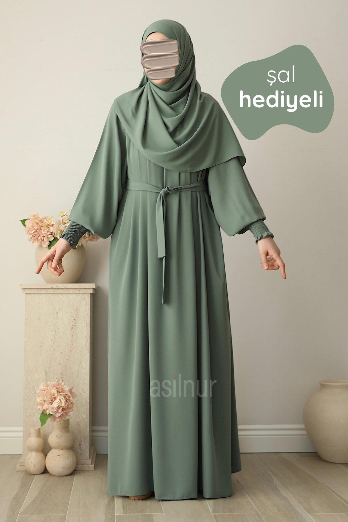 Mahi Elbise Şal Hediyeli Takım Su Yeşili - 1