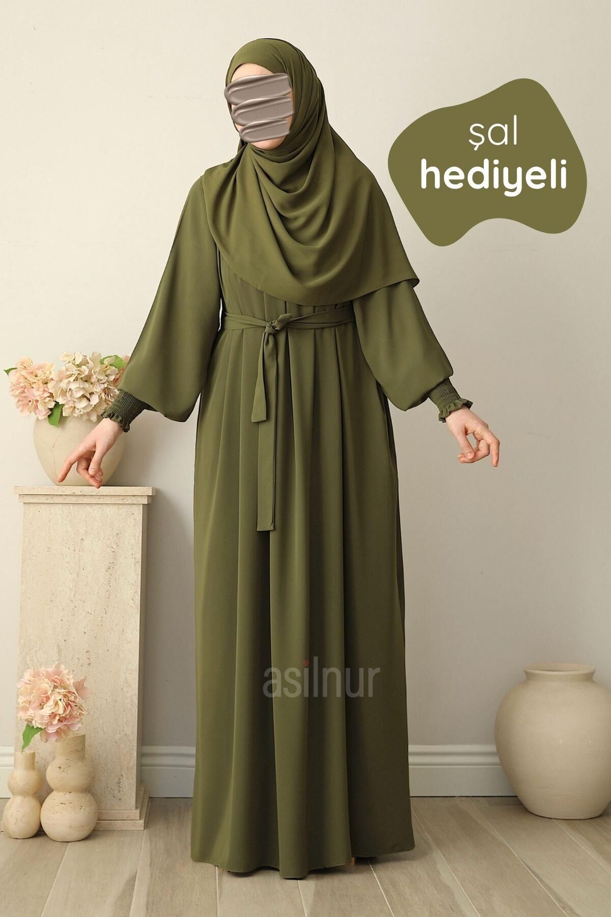 Mahi Elbise Şal Hediyeli Takım Yağ Yeşili - 1