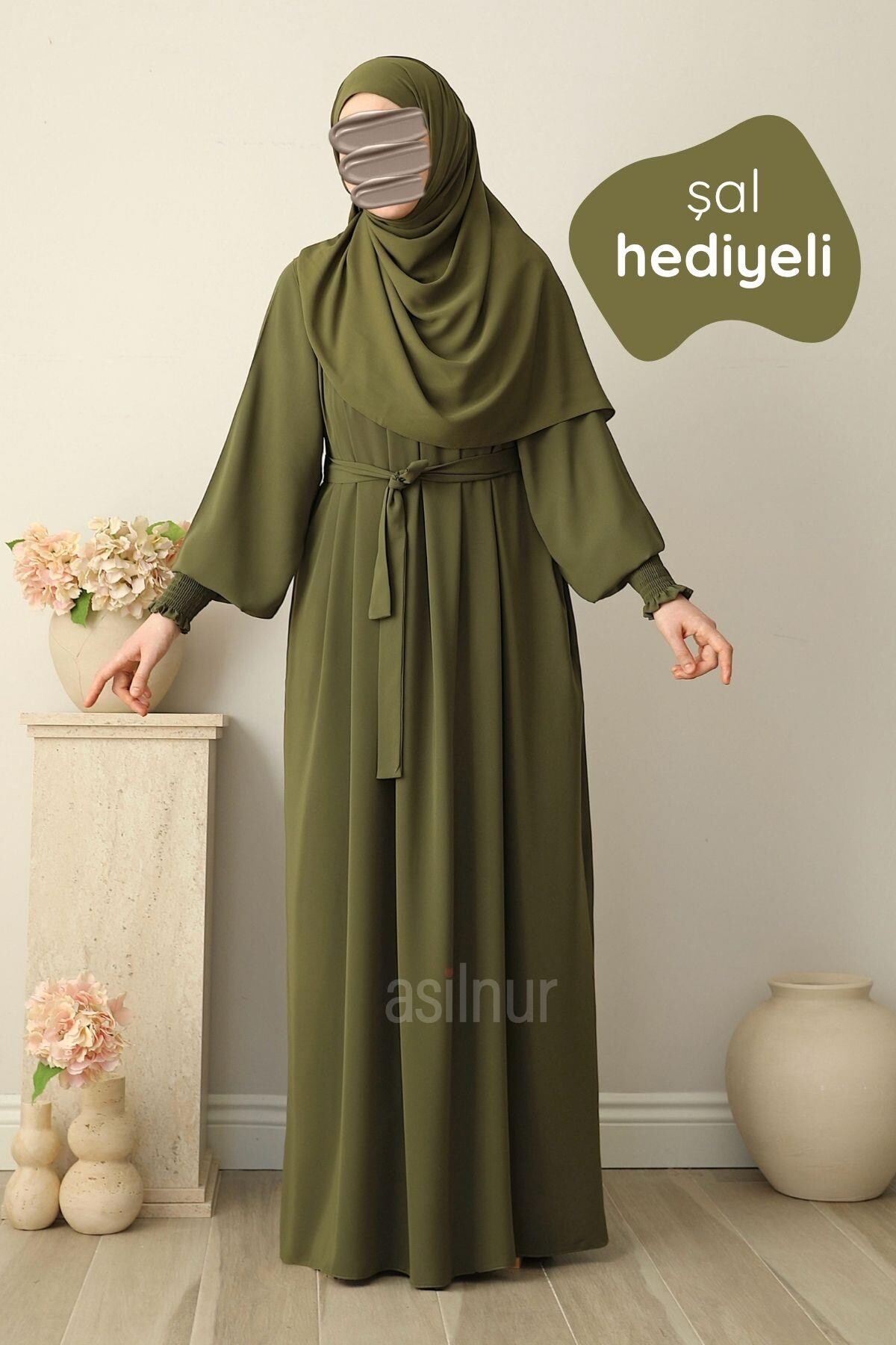 Mahi Elbise Şal Hediyeli Takım Yağ Yeşili - ASİLNUR