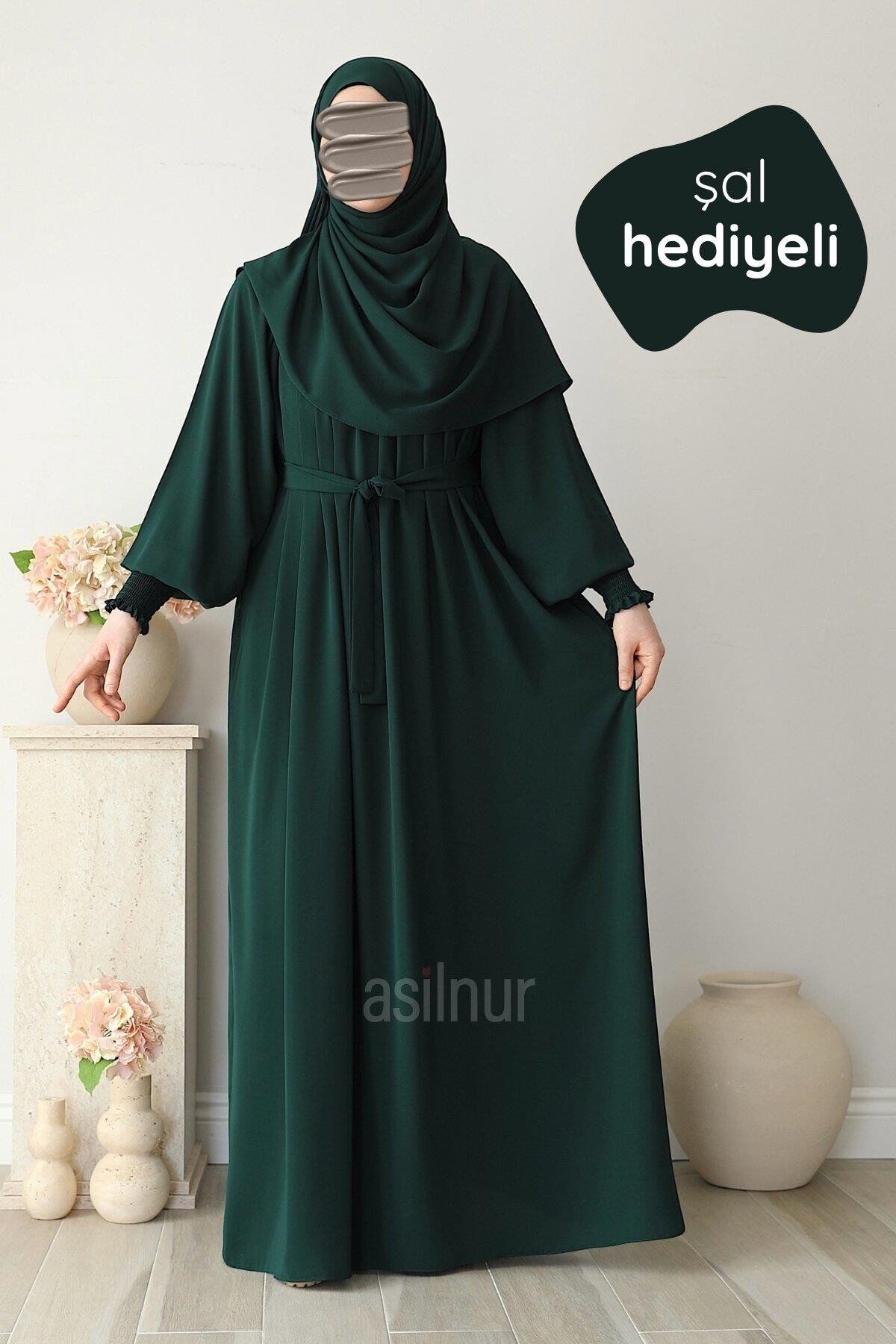 Mahi Elbise Şal Hediyeli Takım Zümrüt Yeşili 