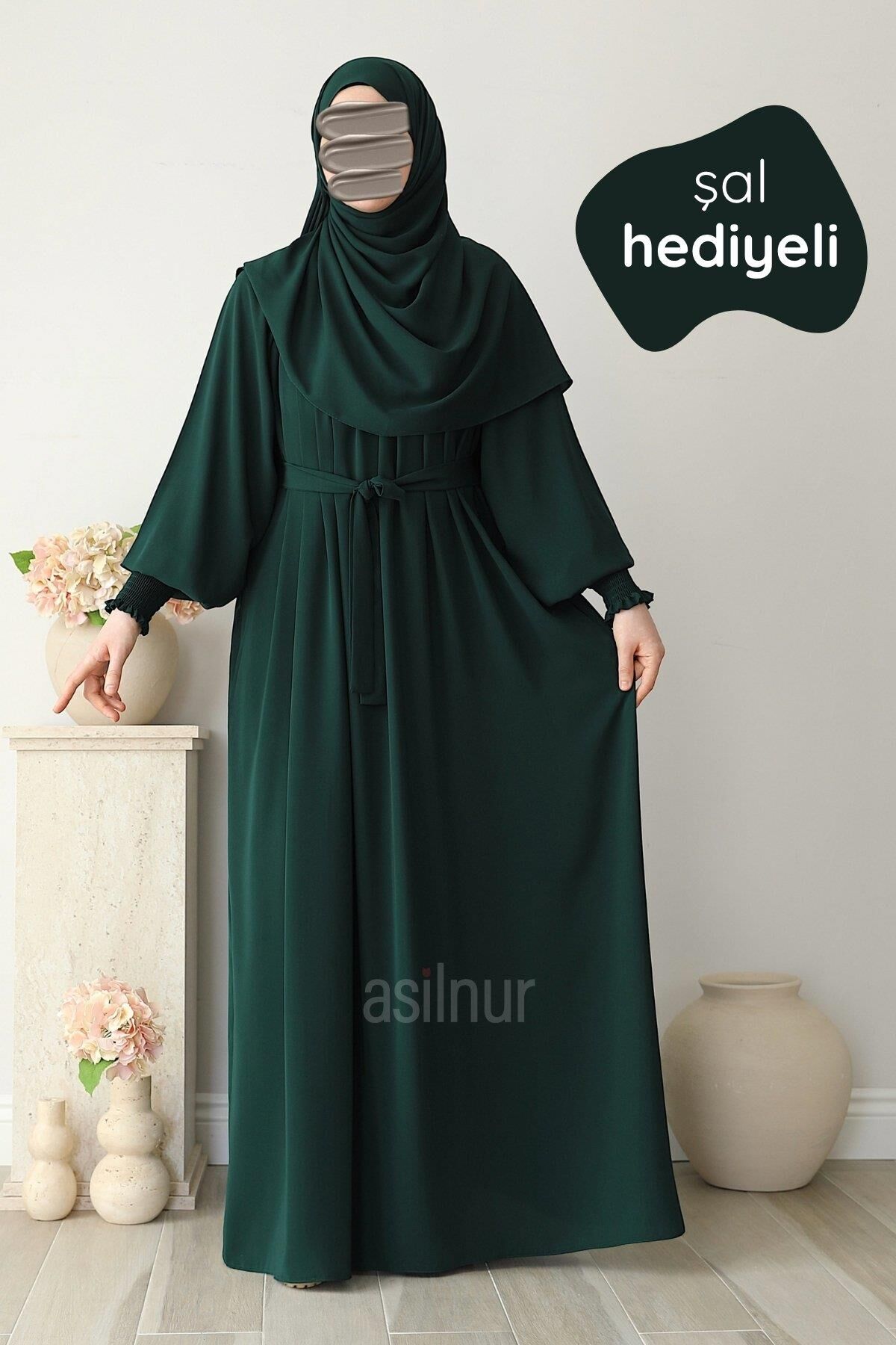 Mahi Elbise Şal Hediyeli Takım Zümrüt Yeşili - 1
