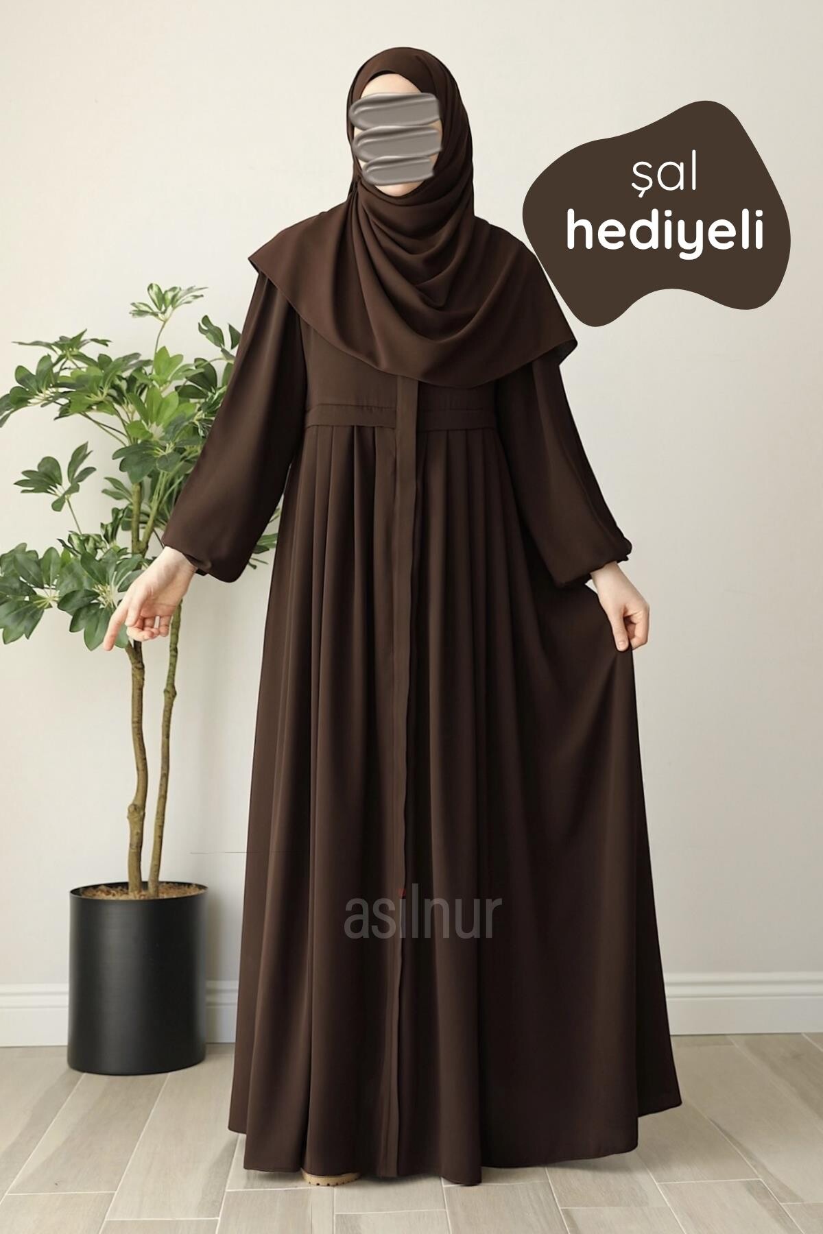Meva Pileli Ferace Şal Hediyeli Takım Kahverengi - ASİLNUR