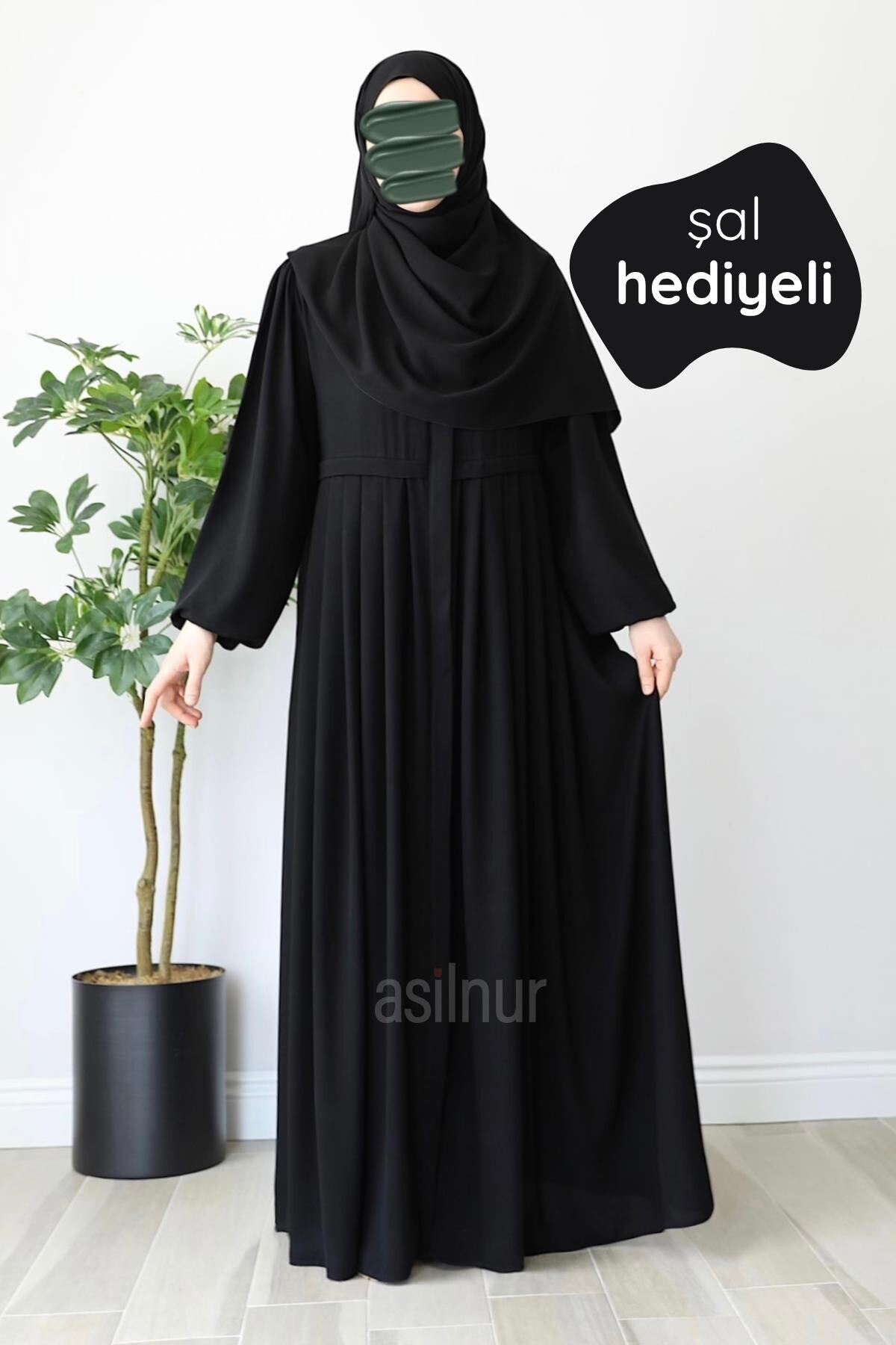 Meva Pileli Ferace Şal Hediyeli Takım Siyah - ASİLNUR